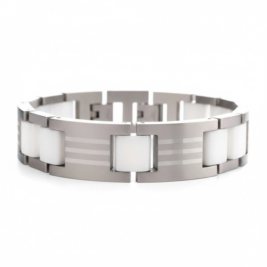 Karisma Edelstahlarmband Herren Heavy Edelstahl Armband - Weisse Keramik Glieder -, 2 Platten Teil Matt Teil Glänzend Breite 16mm- B072.09.WH.V1.2T