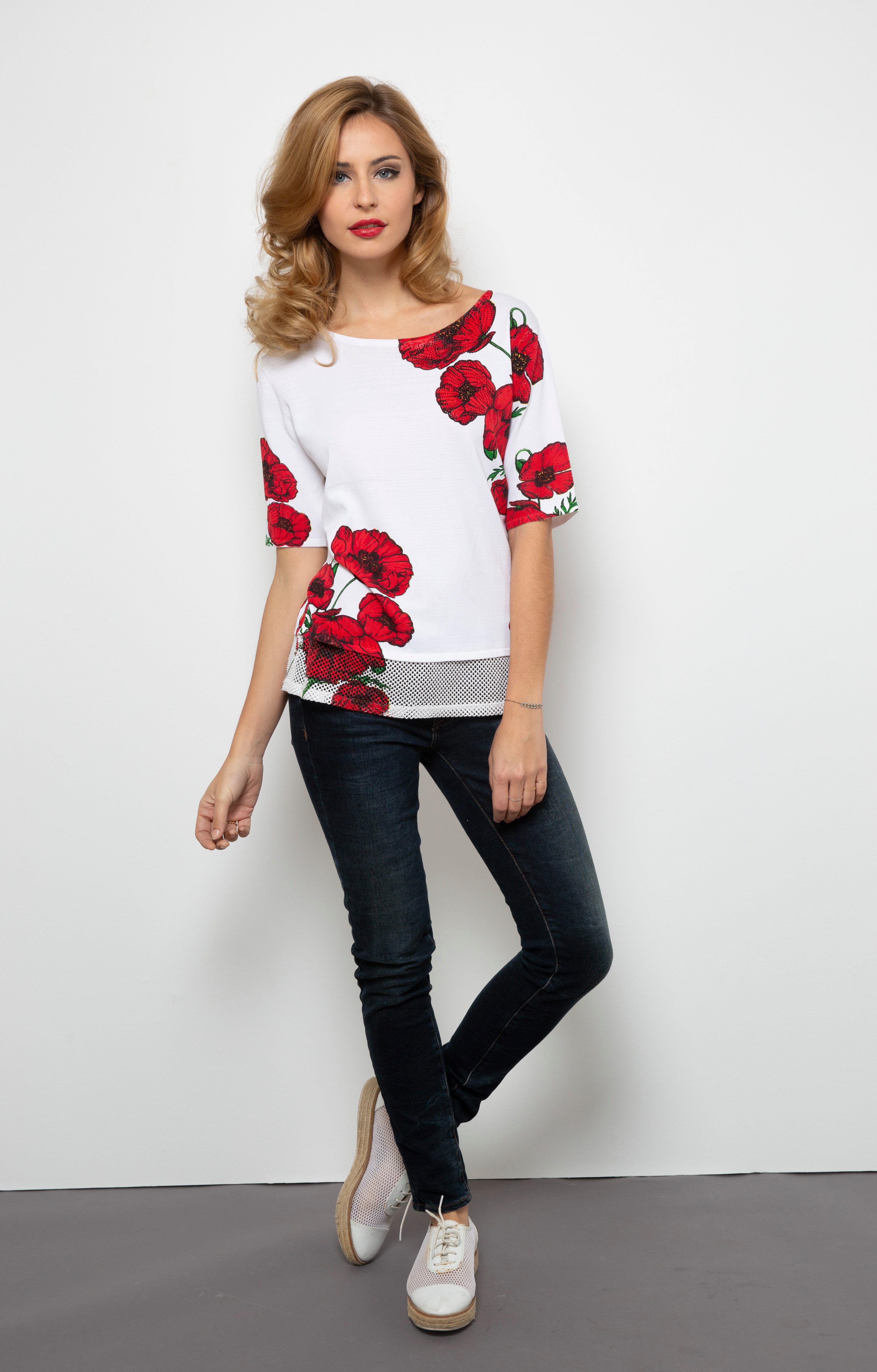 Passioni Strickpullover Kurzarm-Pullover mit Mohnblumen-Print günstig online kaufen