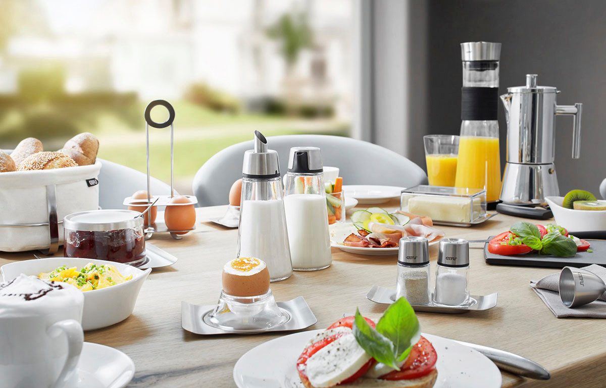 GEFU Salz- / Pfefferstreuer BRUNCH Set, (Set, 3-tlg), stilvolles, modernes Design aus hochwertigem Edelstahl und Glas