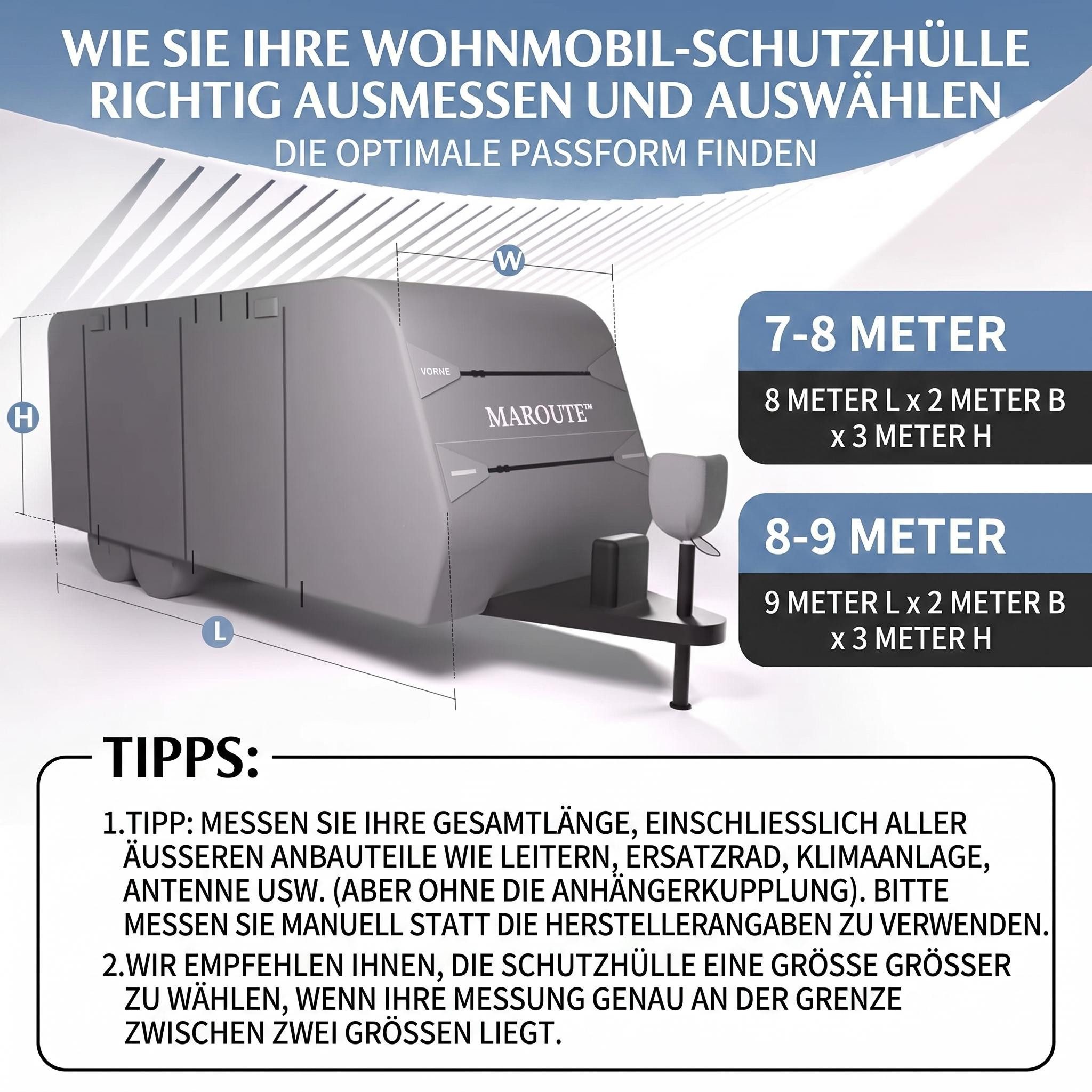 GarveeMore Wohnmobilschutzhülle Wohnwagen Abdeckung, 820/927×264×277 cm, grau, 5-lagig, wasserdicht, Anti-UV, winddicht, atmungsaktiv