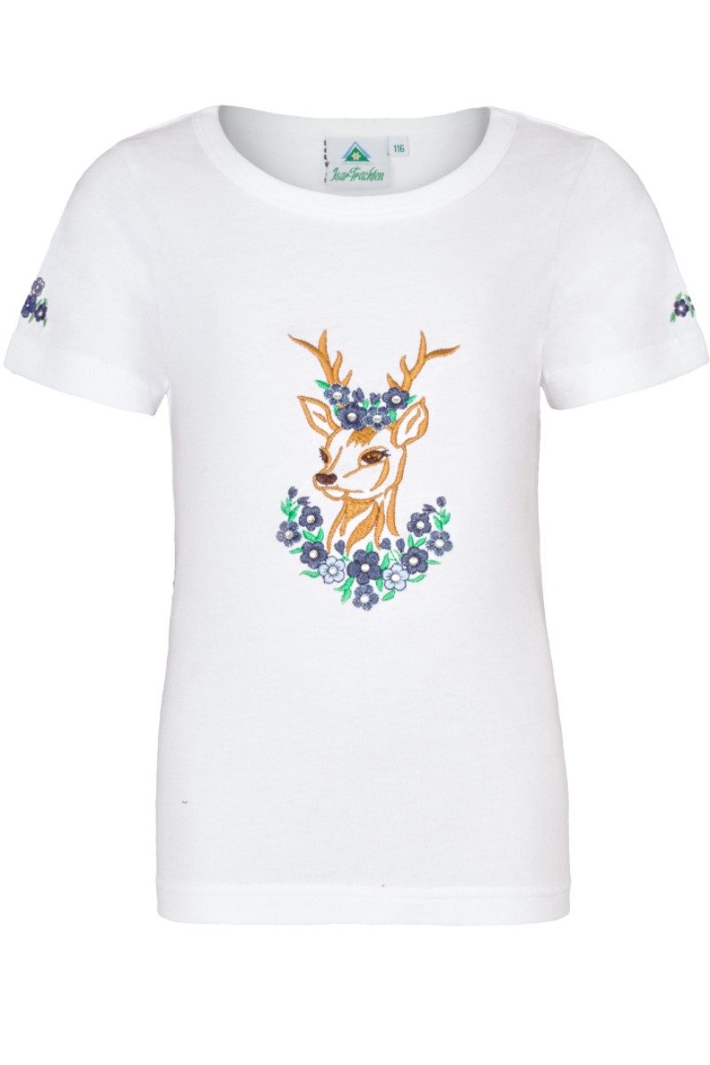 Isar-Trachten Trachtenbluse Trachtenshirt Kind - BLUMENREHLEIN - weiß/blau