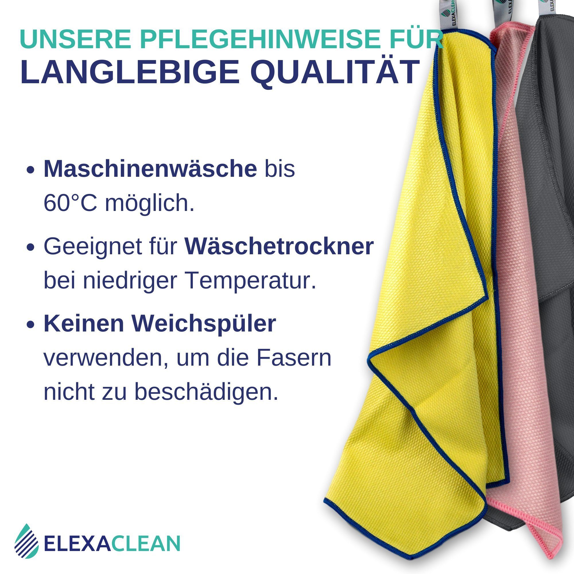 ELEXACLEAN Mikrofaser Fenstertücher Reinigungstücher (80% Polyester, 20% Polyamid (Mikrofaser), 40x60 cm, Set, 3-tlg., 60x40 cm, streifenfrei, fusselfrei, reini – Bild 4 von 5