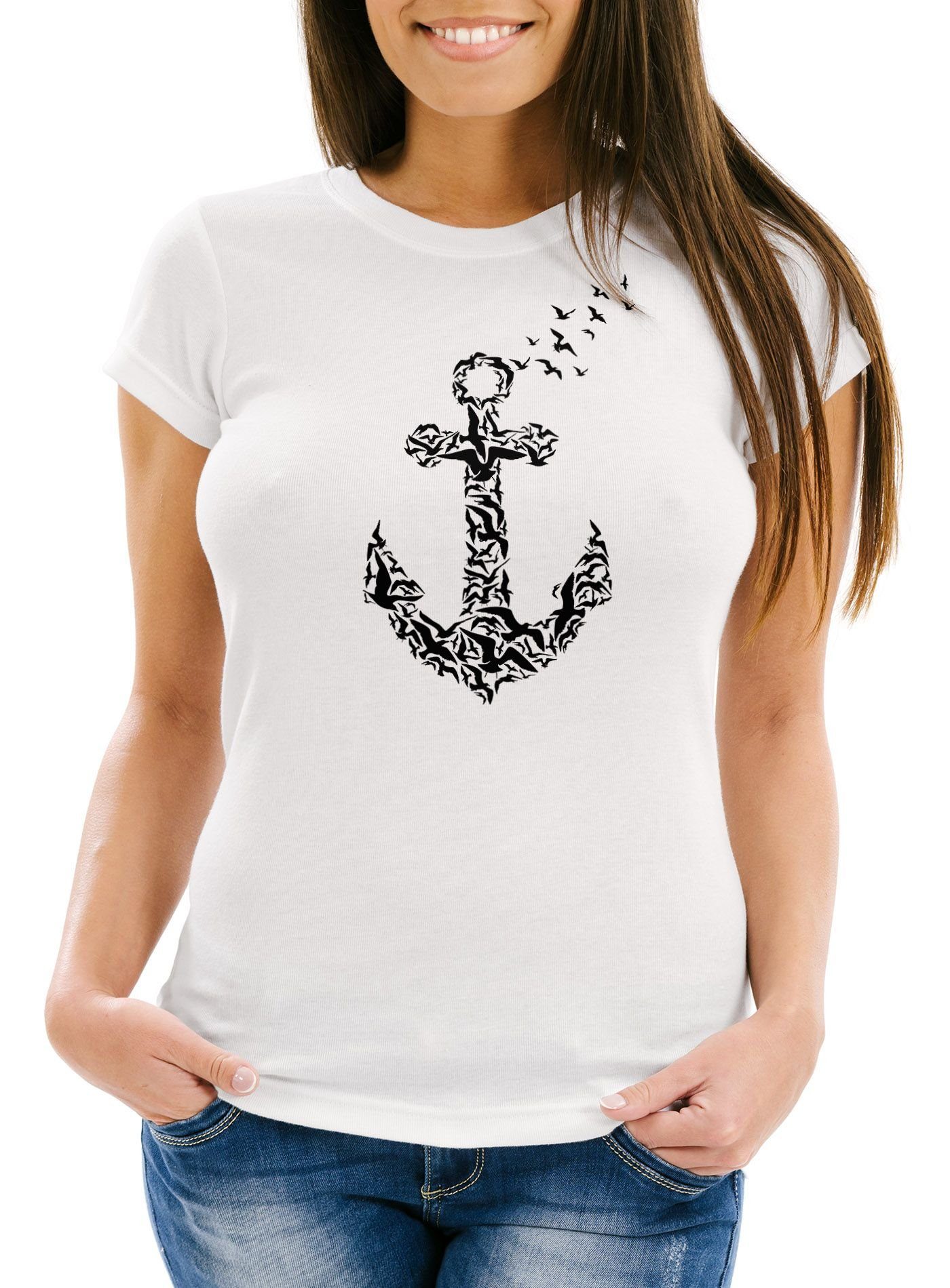 Slim Print-Shirt Vogel Print Neverless Anker T-Shirt weiß Damen Fit Neverless® mit Birds Anchor