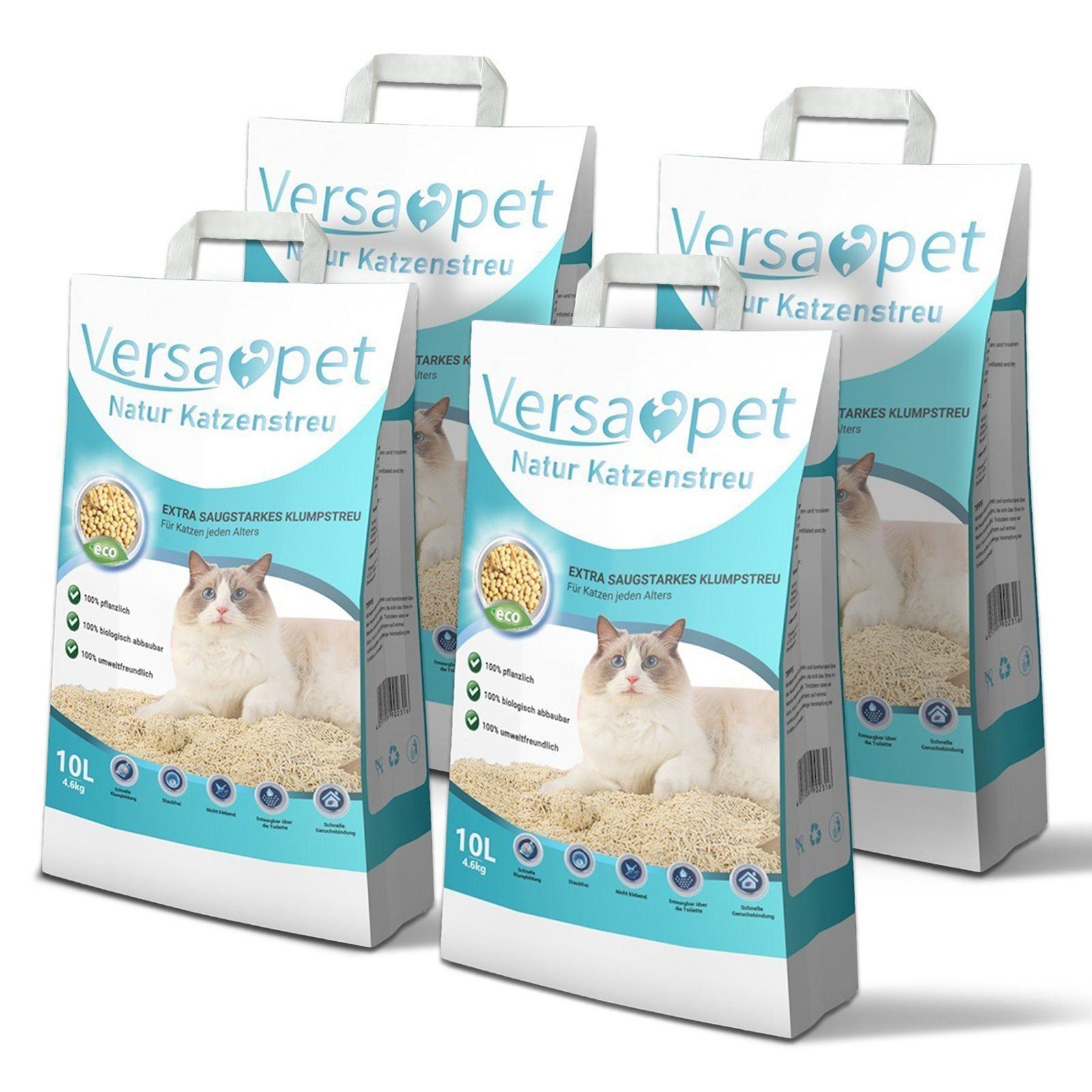 Versapet Katzenstreu Tofu Katzenstreu 40L 18,4kg (4-tlg), Klumpstreu für Katzenklo, Cat Litter, feste Klumpenbildung