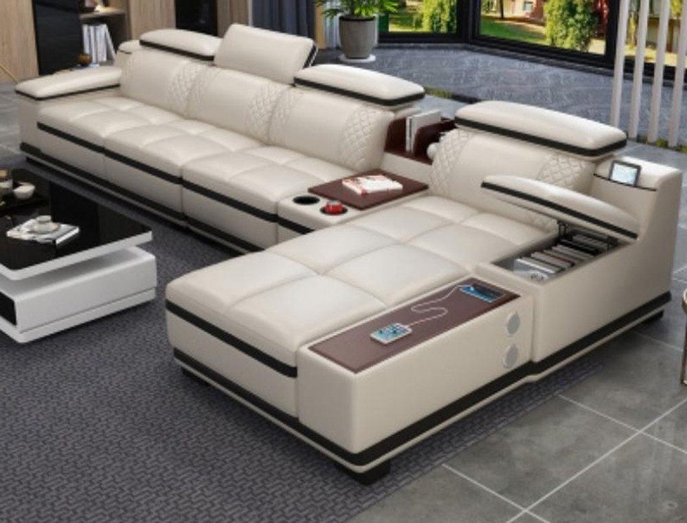 Ecksofa Elegantes L-förmiges Sofa in Weiß mit Lederbezug und Stauraum