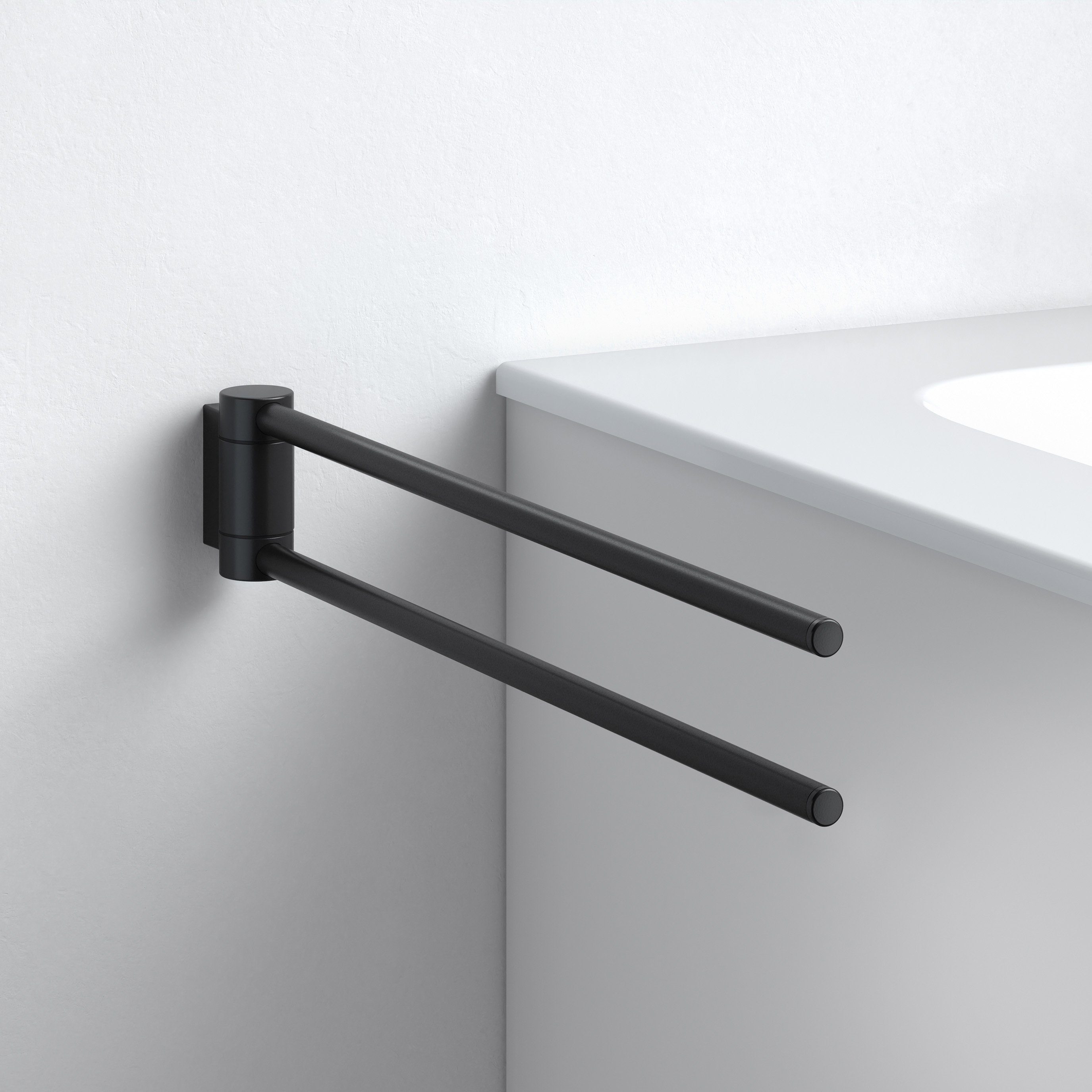 Keuco Handtuchstange Plan zweiarmig, schwenkbar, 44 cm, Metall schwarz matt, Made in Germany, Wandmontage