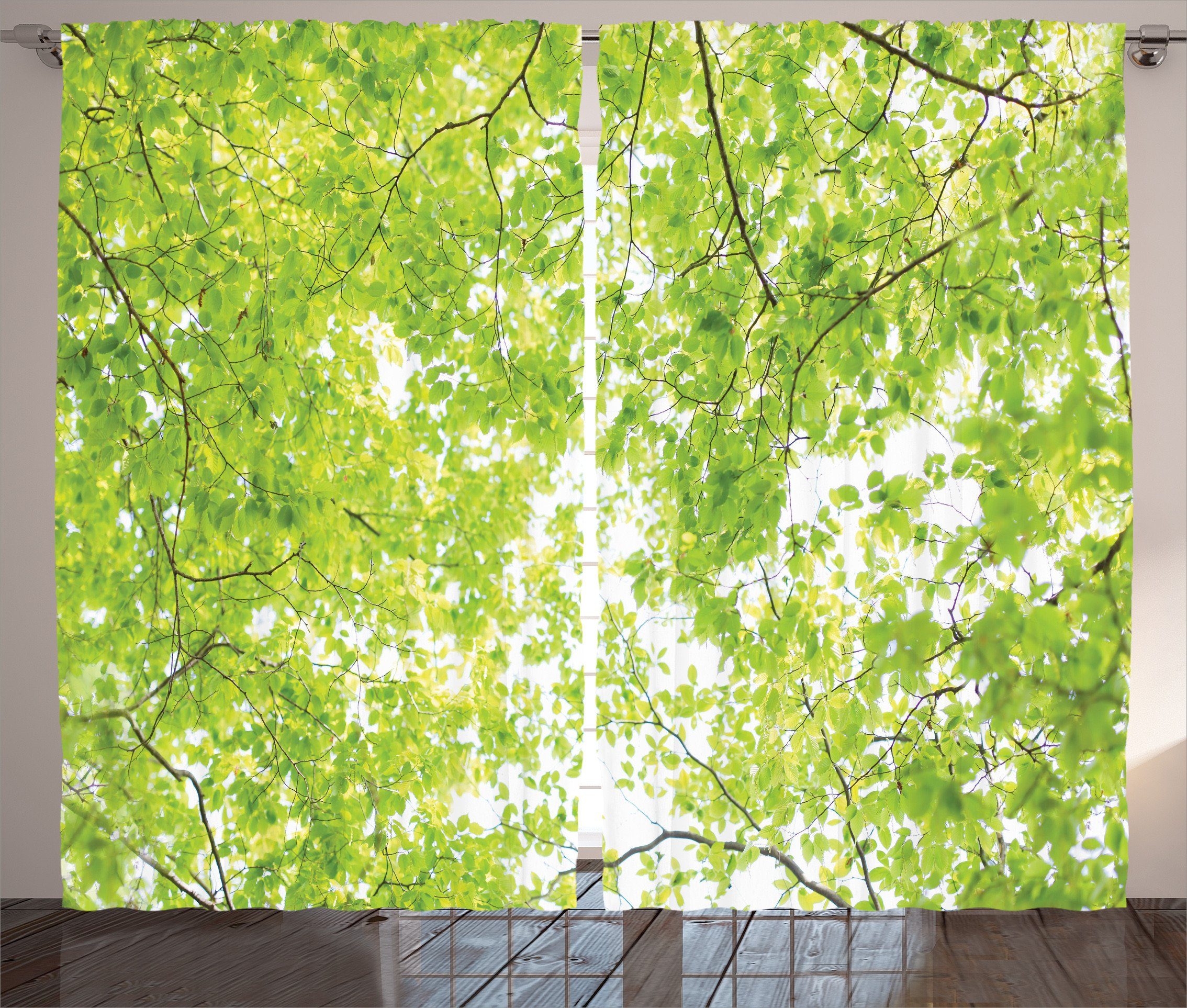 Kräuselband Gardine Vorhang Schlaufen Baum und Schlafzimmer Sommer Grün mit Haken, Abakuhaus, Natur