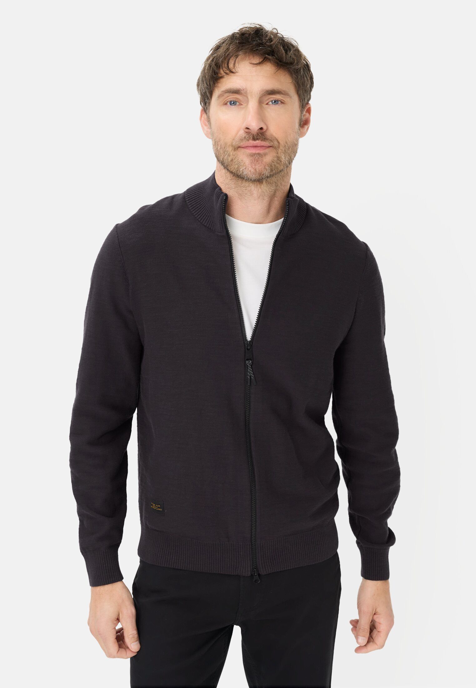 camel active Strickjacke aus reiner Baumwolle Langarm Stehkragen