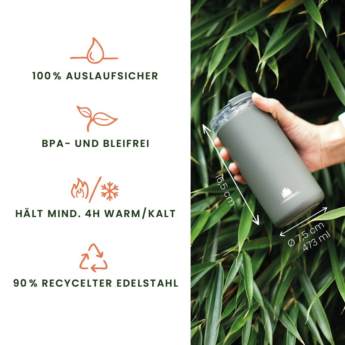 GRØNENBERG Thermobecher Kaffeebecher to go 473ml, 100% Auslaufsicher, Hält mind. 4 h warm, Rutschfest