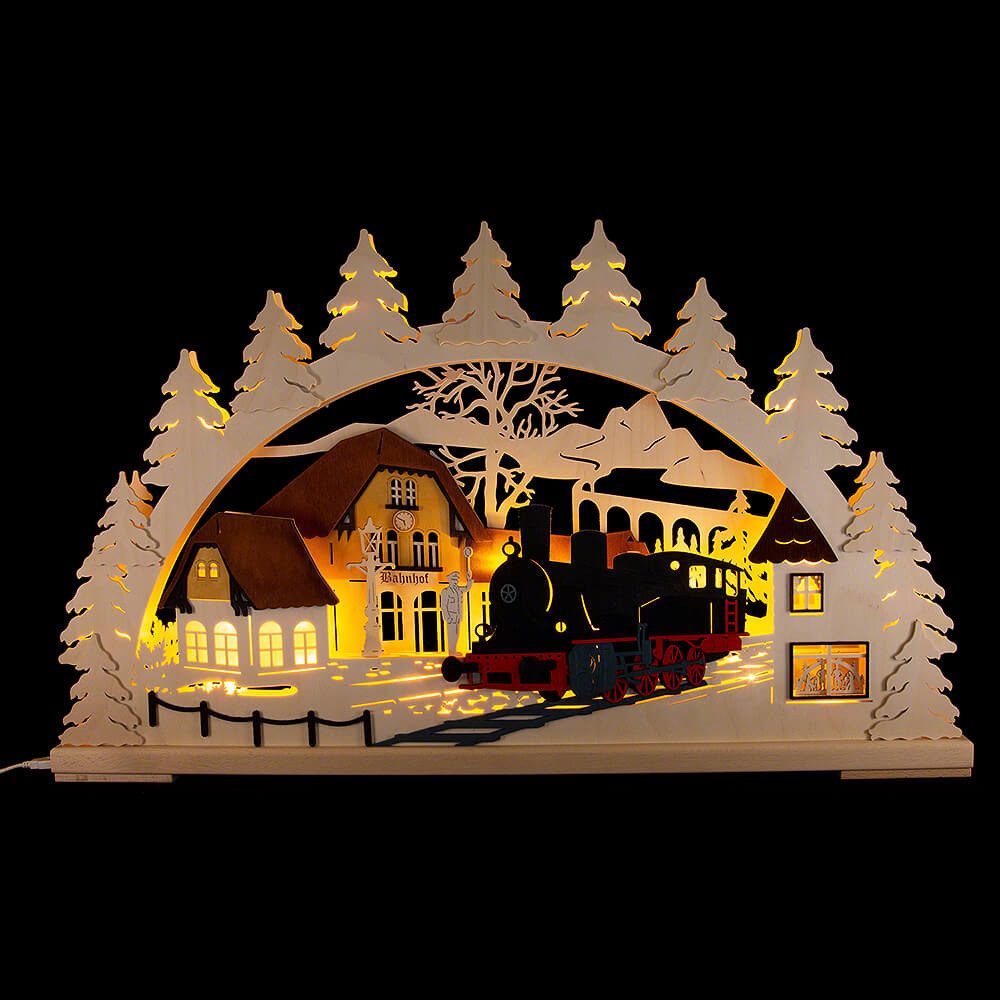RATAGS Kunsthandwerk Schwibbogen 3D-Schwibbogen Bahnhof mit Dampflok (72x43cm) von RATAGS Holzdesign