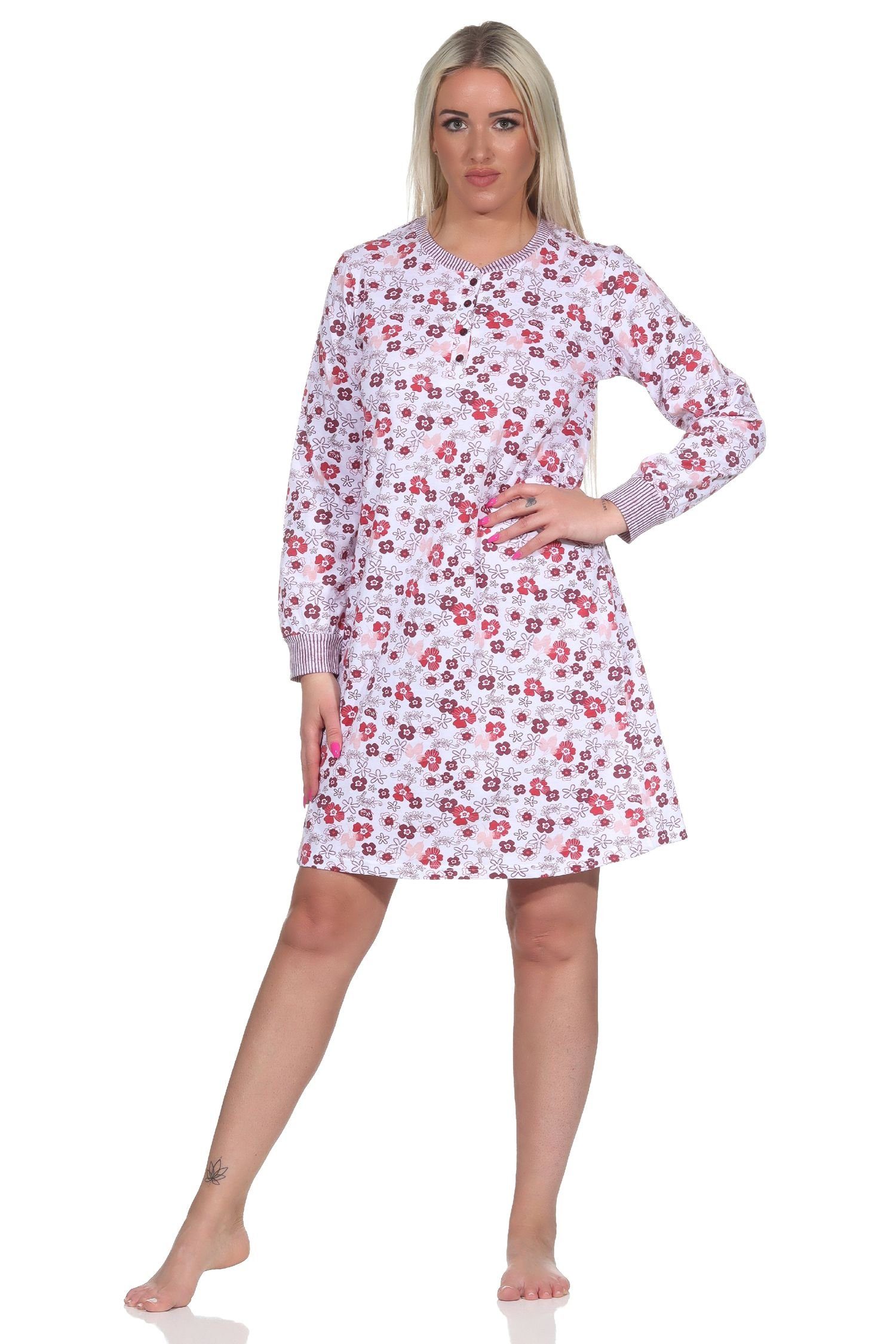 Normann Nachthemd Damen Nachthemd an langarm den in floraler Optik Bündchen beere Ärmeln mit