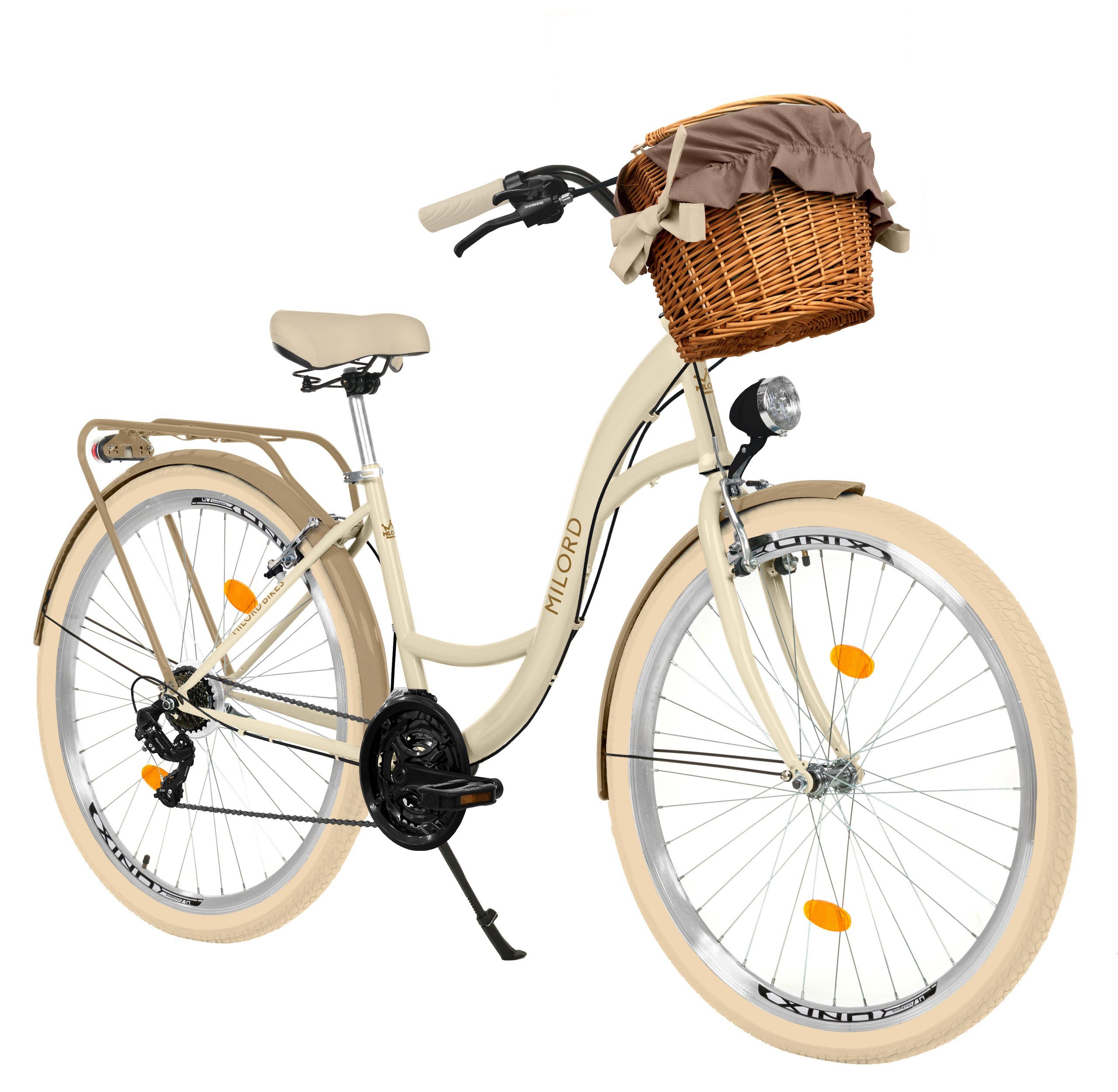 MILORD BIKES Cityrad Milord City Fahrrad Weidenkorb Damen, 28 Zoll, Creme-Braun, 21-Gang, 21 Gang, Kettenschaltung