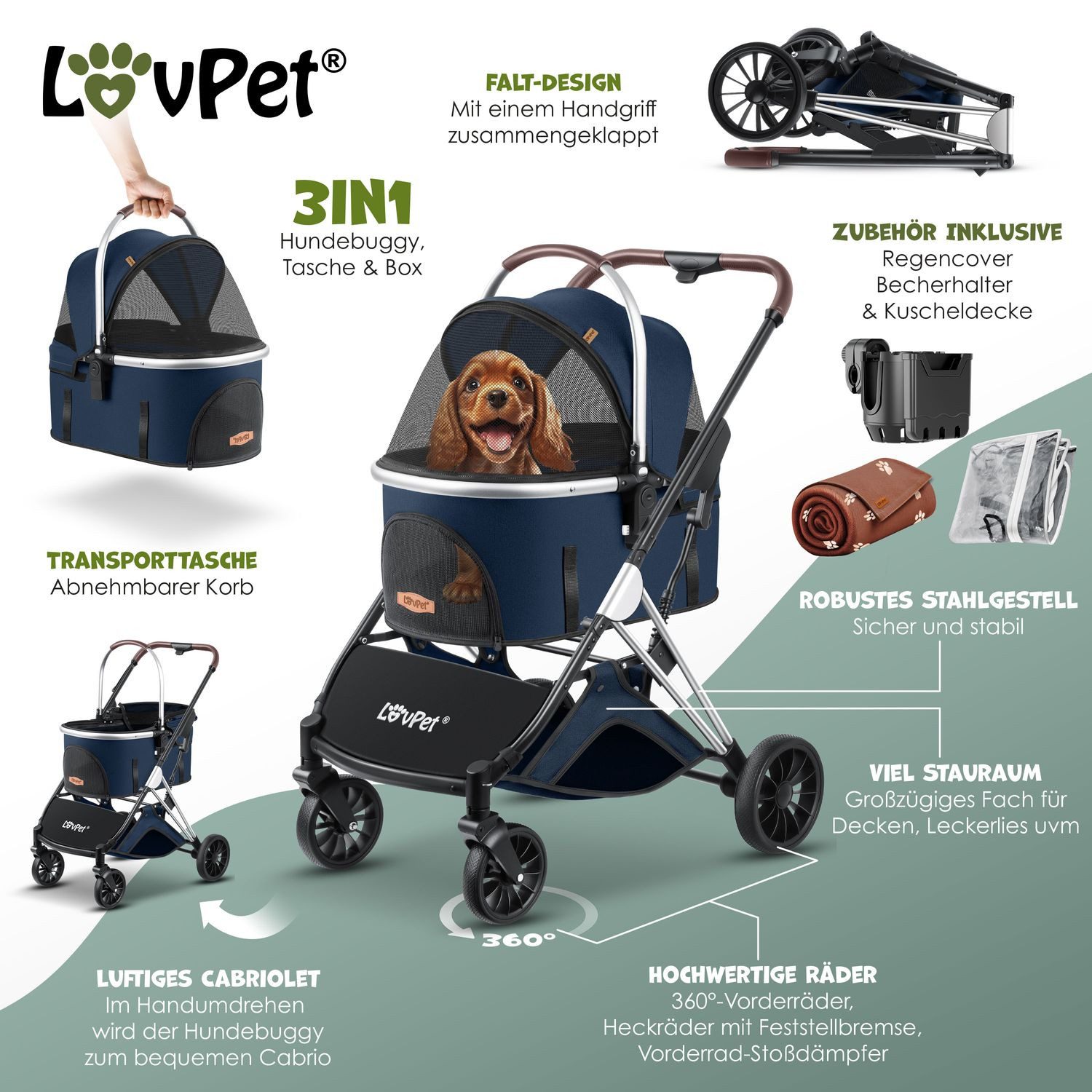 Lovpet Hundebuggy 3in1 Hundewagen max. bis 20kg Buggy für Haustiere, (Hunde günstig online kaufen