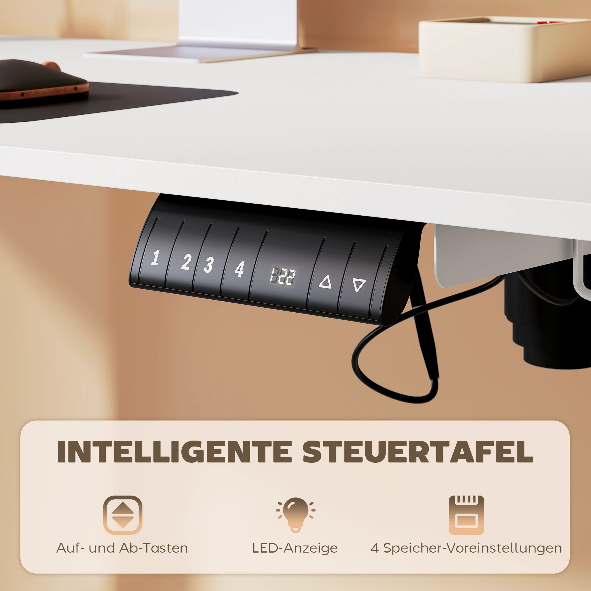 Vinsetto Schreibtisch 140 x 70 cm Höhenverstellbar, Ergonomisch, Anti-Kollision (Laptoptisch, 1-St., Computertisch), für Wohnzimmer, Arbeitszimmer, Weiß – Bild 5 von 5