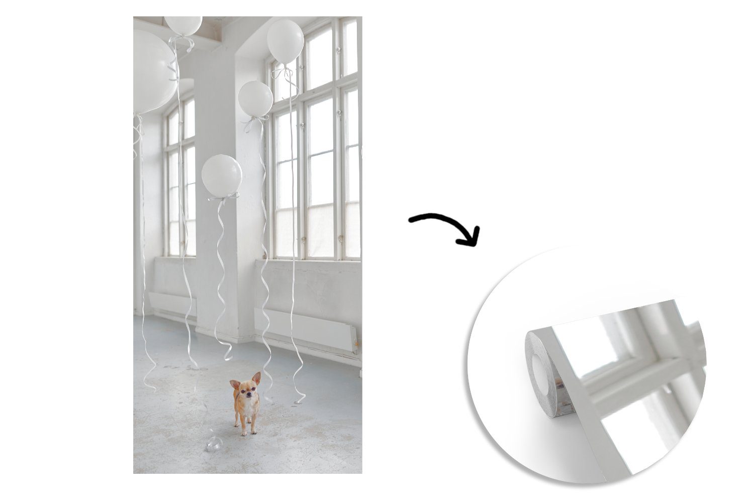 Küche, Wohnzimmer Matt, - Schlafzimmer Hund Vliestapete Weiß - Fototapete Luftballon, für bedruckt, St), (2 MuchoWow Fototapete