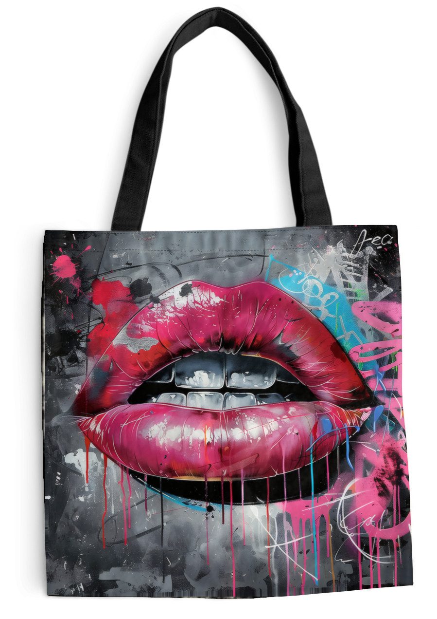 MuchoWow Shopper Lippen - Leuchtendes Rosa - Graffiti - Farbstreifen, Handtasche, Damen und Herren, Schultertasche, Umhängetasche, Tote Bag
