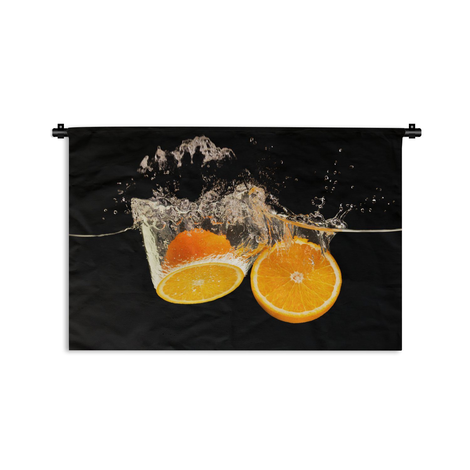 MuchoWow Wanddekoobjekt Orange - Stillleben - Wasser - Schwarz - Obst, Wanddeko für Wohnzimmer, Schlafzimmer, Kleid, Wandbehang, Kinderzimmer