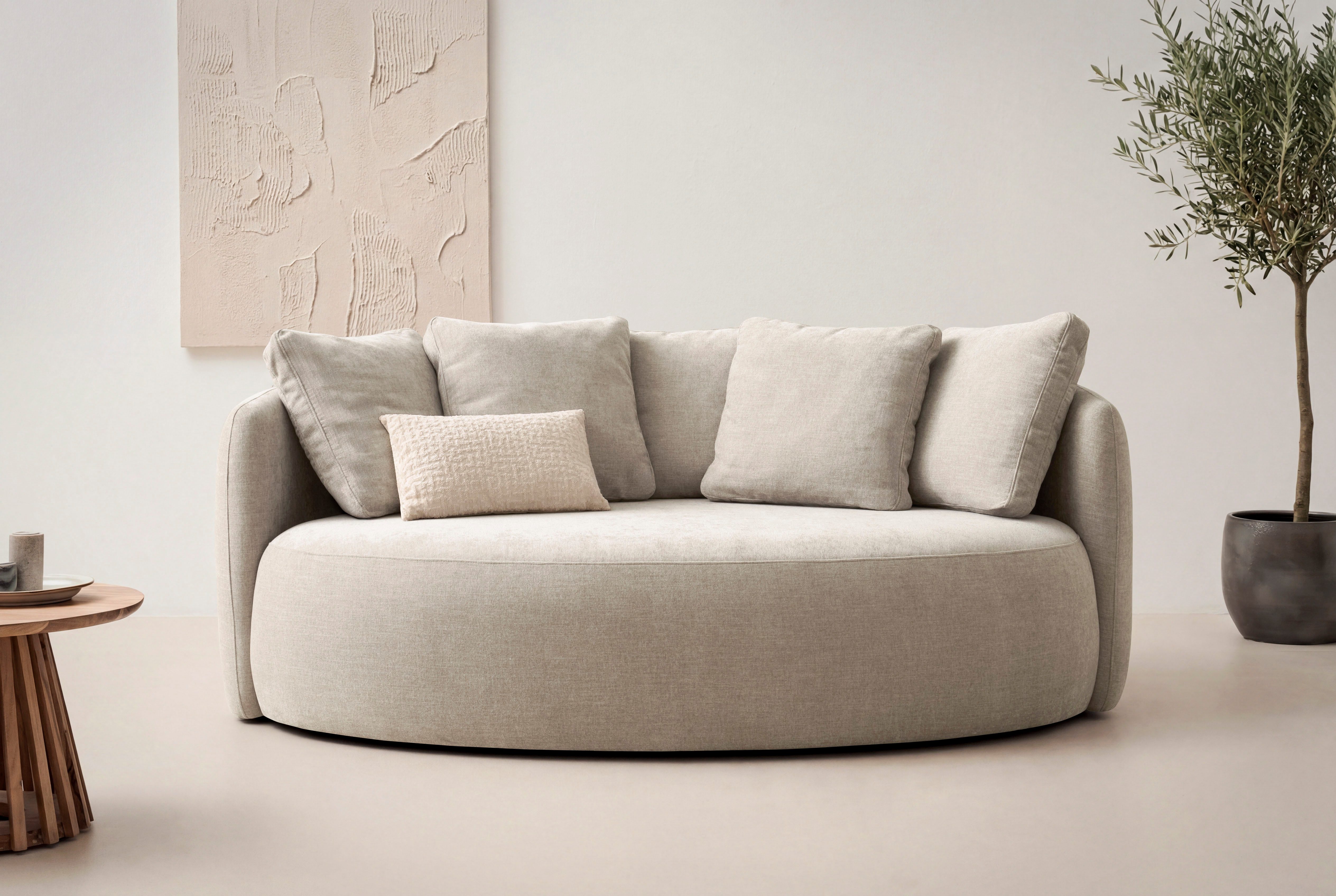 OTTO home 2,5-Sitzer Kaarl, rundes Loungesofa, Sofa mit Kissen, perfekt gepolstert, Webstoff, in fünf Farben, zeitloses Design, inkl. 5 Rückenkissen