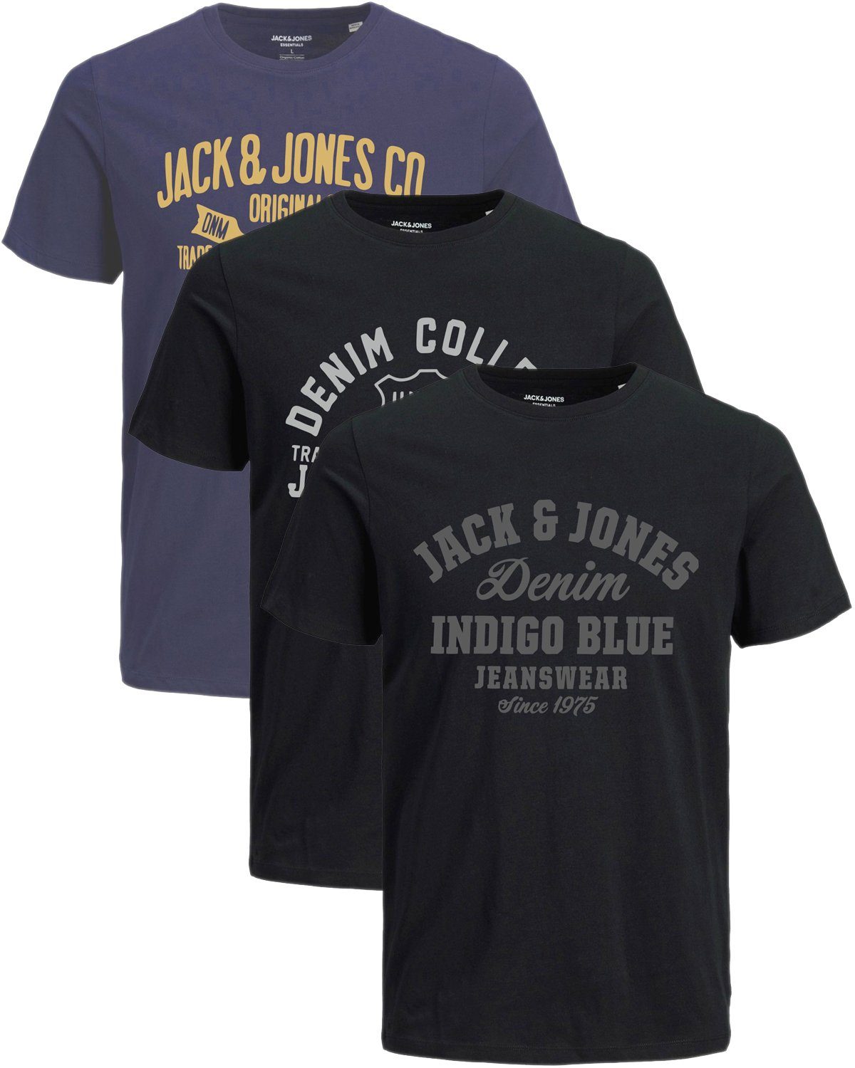 Jack & Jones Print-Shirt Bequemes Slimfit Shirt (Spar-Set, 3er-Pack) bedrucktes Oberteil aus Baumwolle, Größe XL