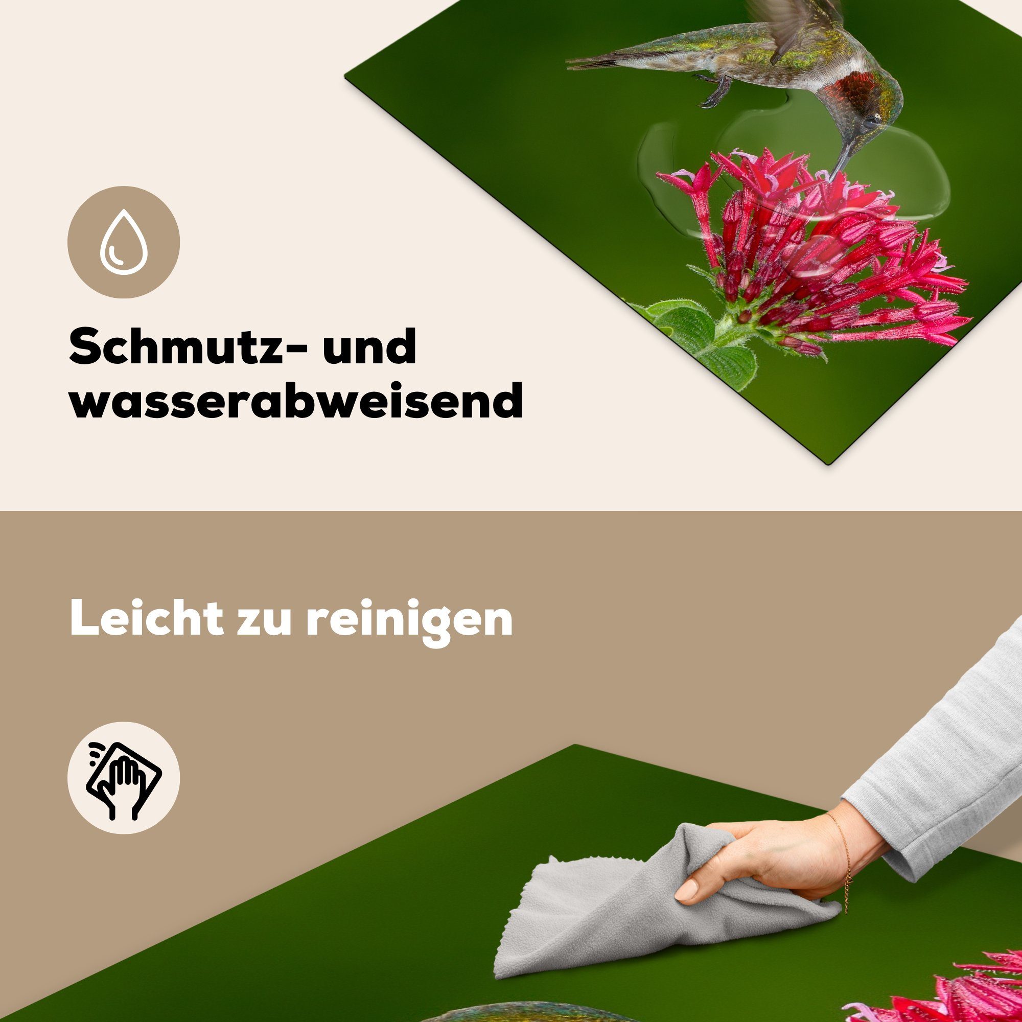 küche, Büschel Blüten, frisst 71x52 Rubinkehlkolibri von cm, Vinyl, MuchoWow die kleiner (1 tlg), roter für Ceranfeldabdeckung Herdblende-/Abdeckplatte Induktionskochfeld einem Schutz