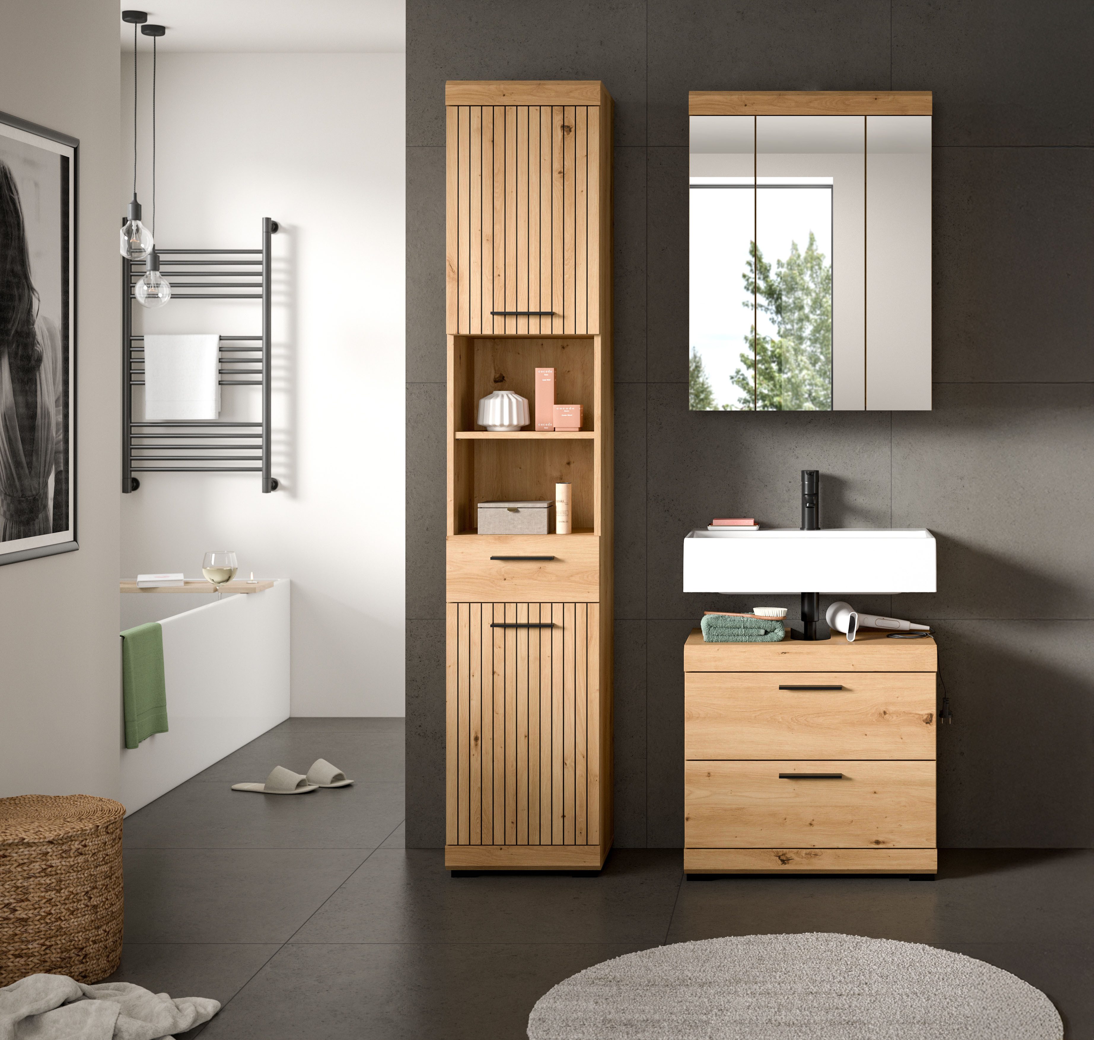 welltime Badmöbel-Set SIENA, 3 teilig, bestehend aus:, (Set, 3-St., TOPSELLER), Hochschrank, Waschbeckenunterschrank, Spiegelschrank