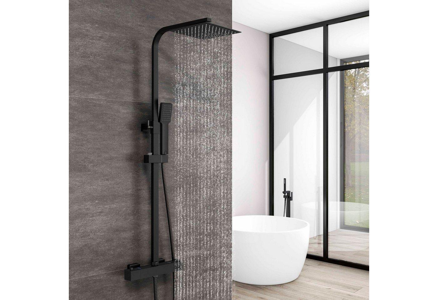 Thumbnail - Aica Sanitär Duschsystem Thermostat Duschset Edelstahl mit Regendusche & Handbrause, Set, Brauseschlauch mit Verdrehschu...