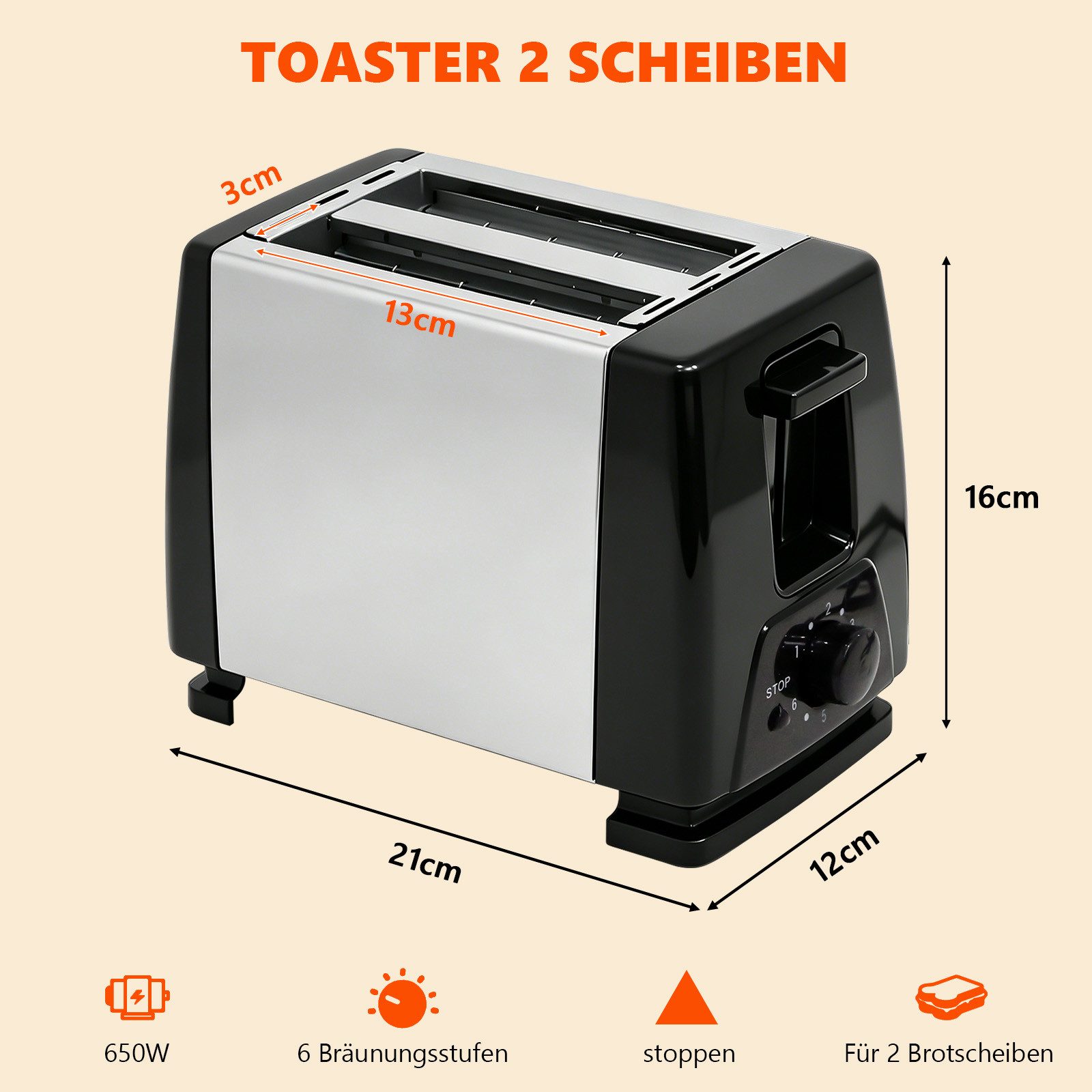 OZAVO Toaster 2-Scheiben-Toaster mit 6 Stufen und Stoppfunktion, 2 kurze Schlitze, für 2 Scheiben, 650 W, Brot-Schlitz: 13 cm × 3 cm,Mit Krümelschublade – Bild 5 von 5