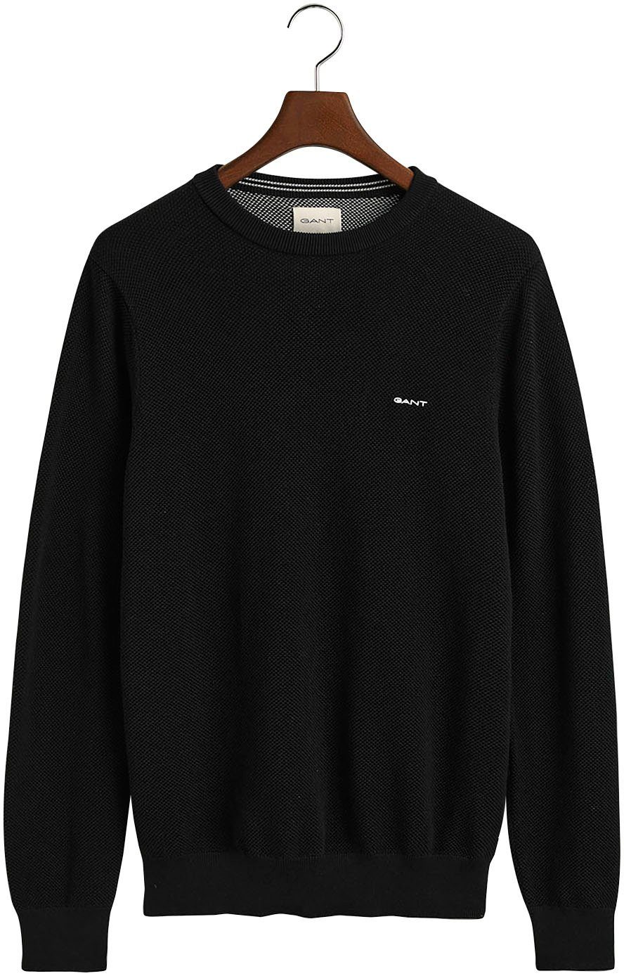 Gant Rundhalspullover COTTON PIQUE C-NECK auf mit der Black Logostickerei Brust