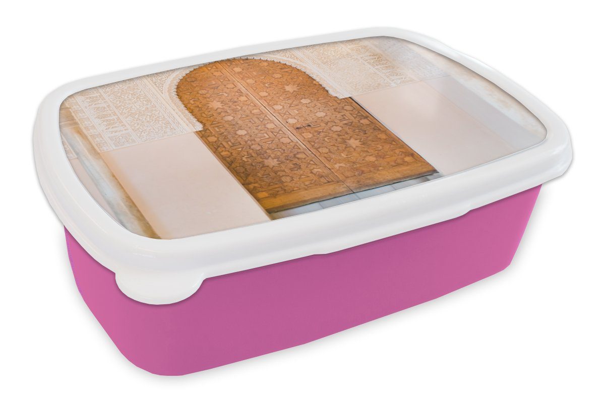 Stein, Snackbox, - Mädchen, Lunchbox MuchoWow Brotbox - Brotdose Kunststoff, - (2-tlg), für Kinder, Tür Erwachsene, rosa Holz Architektur Kunststoff
