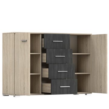 MOEBLO Kommode KALLAS 2D4S (Sideboard Wohnzimmer Kommode Schlafzimmer Komodenschrank Highboard, mit Schubladen, mit Schränken Eiche Sonoma + Zirbelkiefer), (B x H x T): 135x93x42 cm