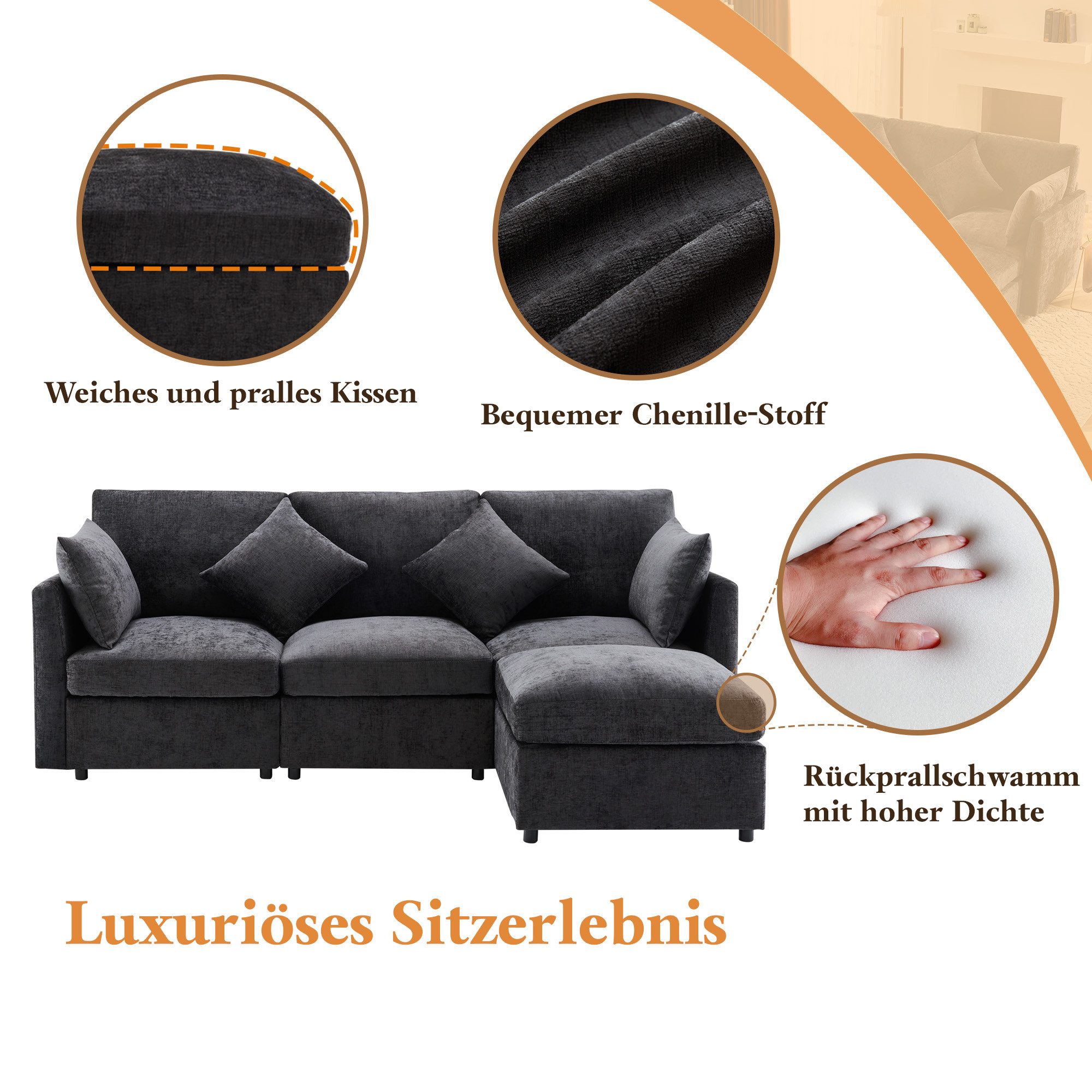 i@home 3-Sitzer L‑förmiges Ecksofa, mit beweglichem Hocker und 4 Chenille‑Kissen, Grün/Grau/Beige