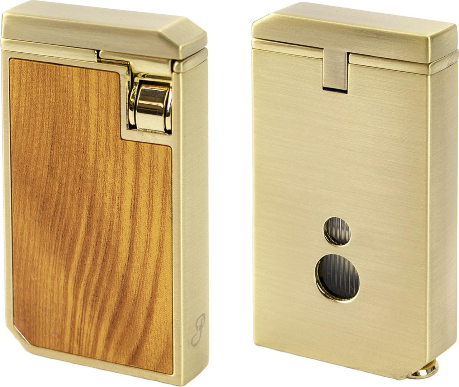 Passatore Feuerzeug Zigarrenfeuerzeug mit Rundcutter 8mm gold/Holzdesign in Geschenkbox (Zigarrenfeuerzeug inkl. Rundcutter), in einer Geschenkbox verpackt
