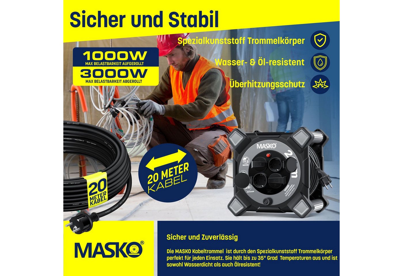 Thumbnail - MASKO Kabeltrommel (Kabellänge 20 m), Verlängerungskabel mit 4 Schutzkontakt-Steckdosen Kabelaufroller IP44