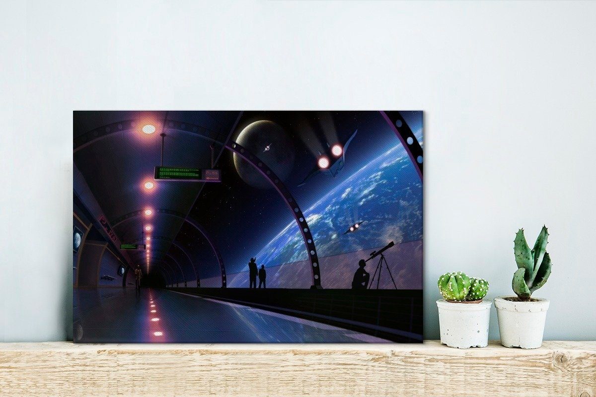 OneMillionCanvasses® Leinwandbild Wanddeko, aus 30x20 Eine Aufhängefertig, St), Science-Fiction-Illustration cm dem Inneren (1 Wandbild Raumstation, Leinwandbilder, einer