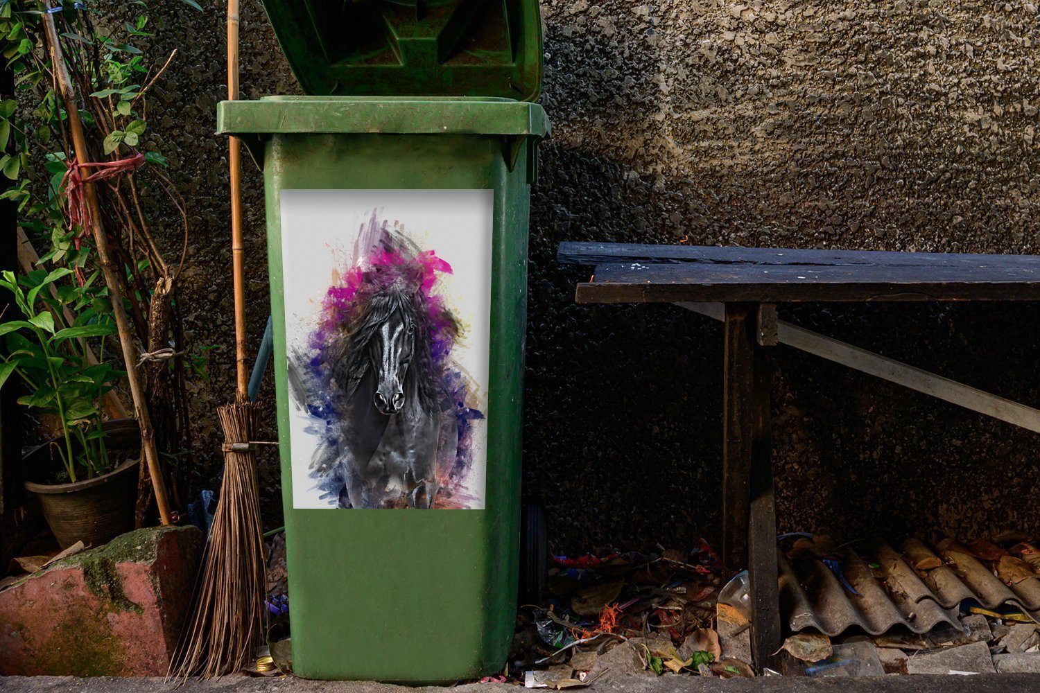 - St), Wandsticker Pferd (1 MuchoWow Farben Abfalbehälter - Sticker, Mülltonne, Container, Mülleimer-aufkleber, Schwarz