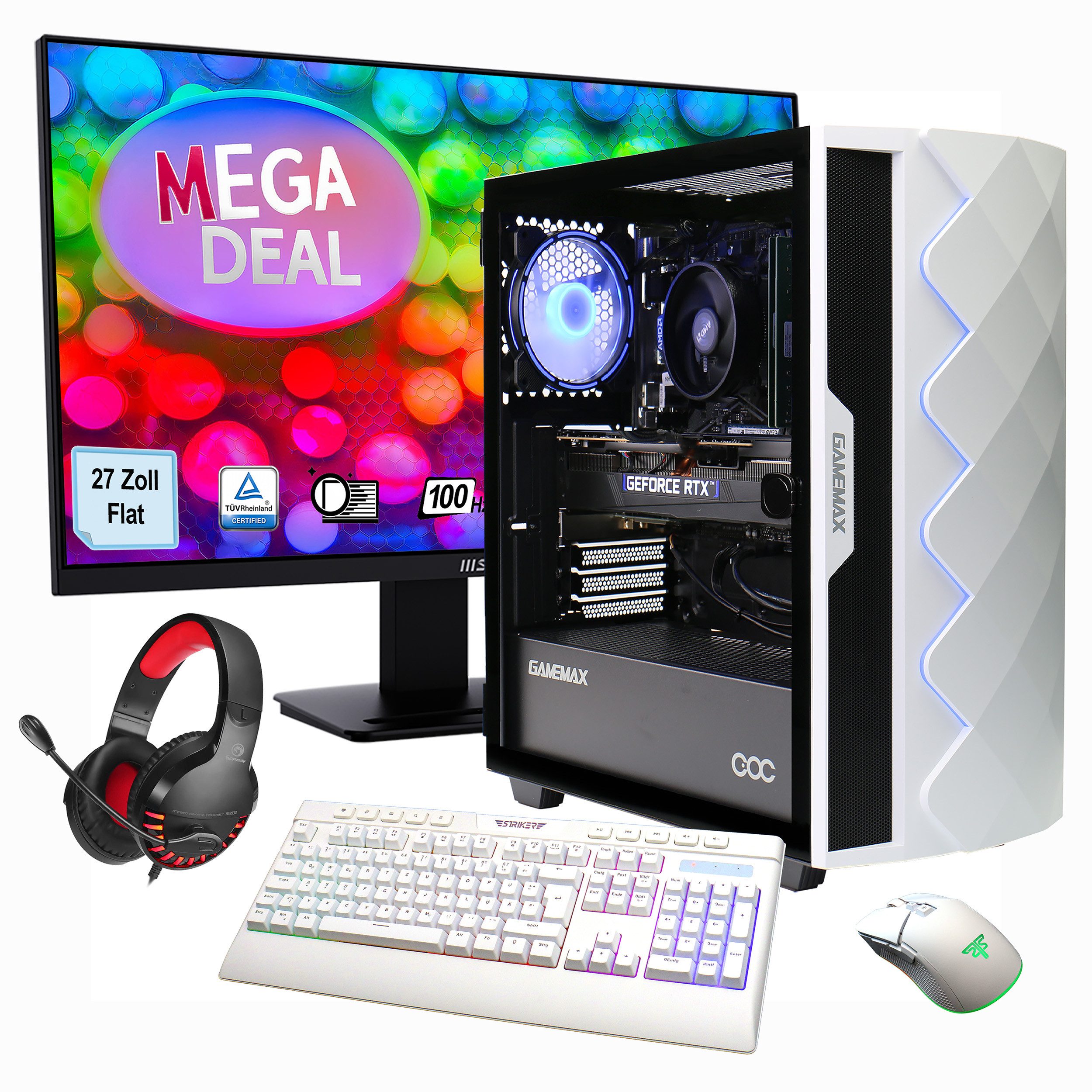 GAMEMAX MegaDeal Gaming-PC-Set Diamond WT PC-Komplettsystem (27", Intel® Core i7 14700F, GeForce RTX 4070, 32 GB RAM, 1000 GB SSD, Windows 11 + MSI PRO MP273A Monitor, 69cm (27)