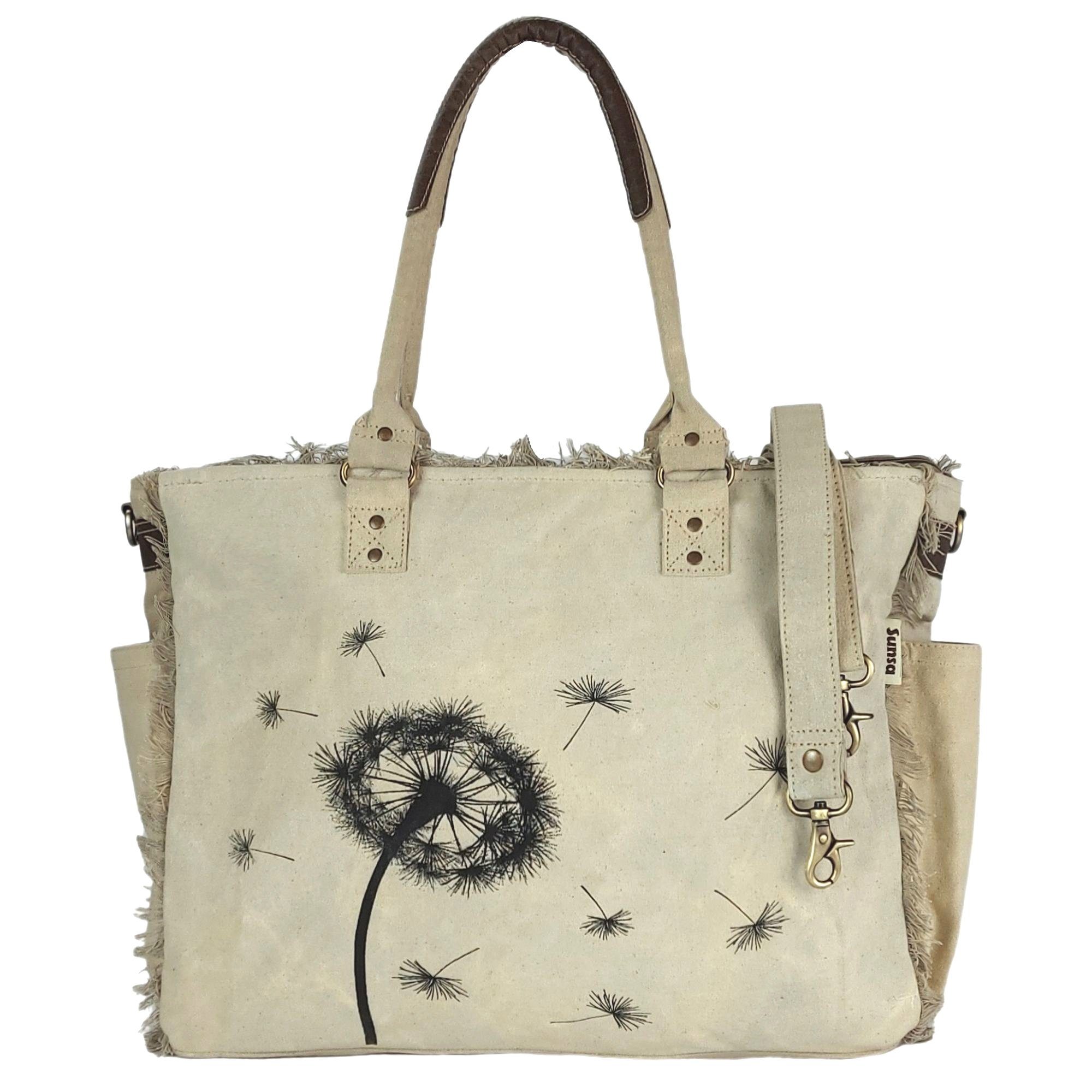 Handtasche XXL Handtasche. Beige Canvas Tasche mit Leder Handle Vintage Weekender
