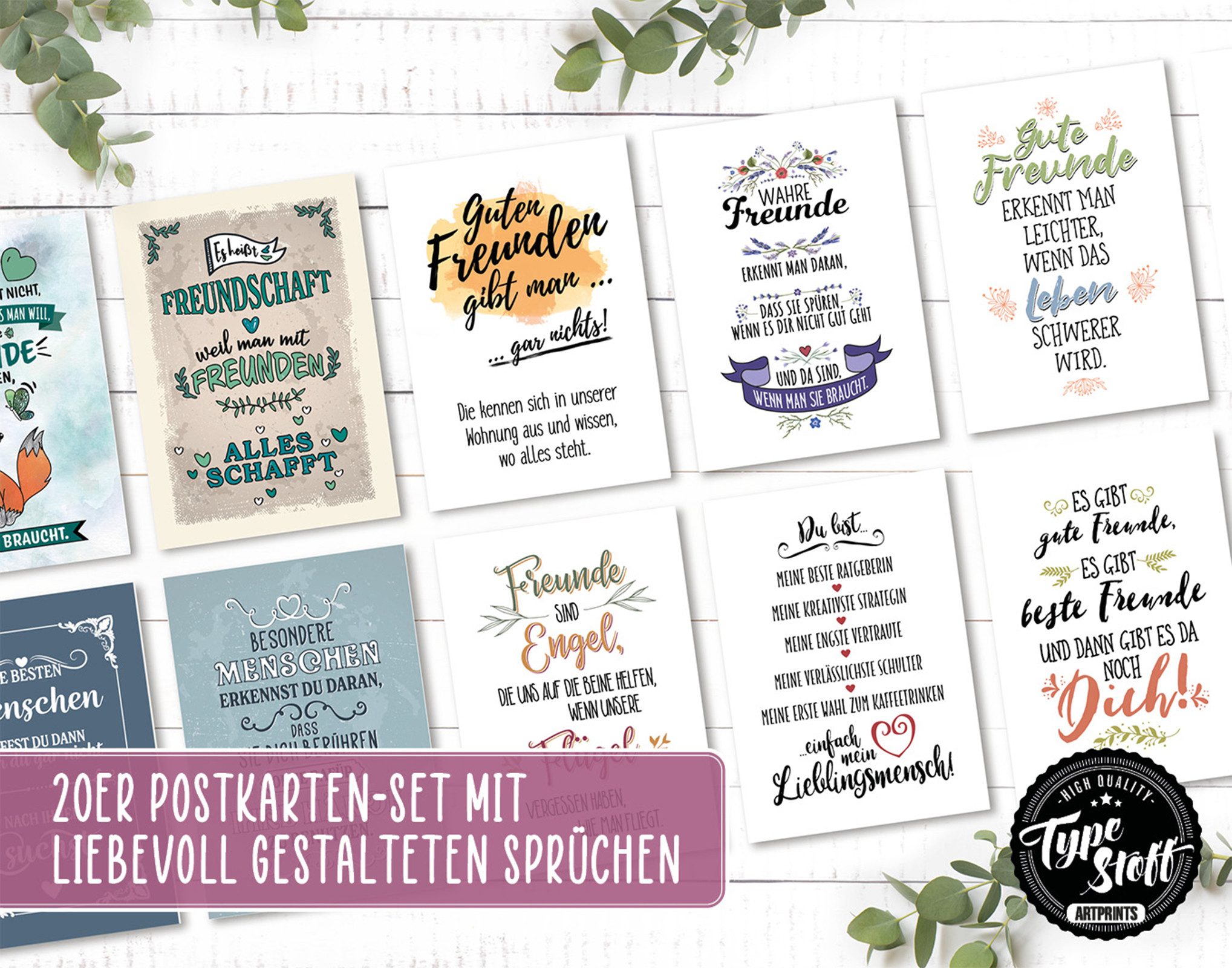 TypeStoff Grußkarten TypeStoff 20er Postkarten-Spar-Set DIN A6 – 20 Sprüchen & Motive
