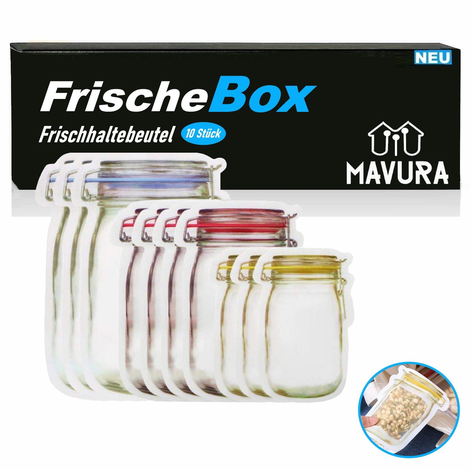 MAVURA Frischhaltedose FrischeBox Aufbewahrungsbeutel Lebensmittelboxen, (Silikon Lebensmittelbeutel Frischhaltebeutel), Gefrierbeutel Frischhaltedosen [10er Set]