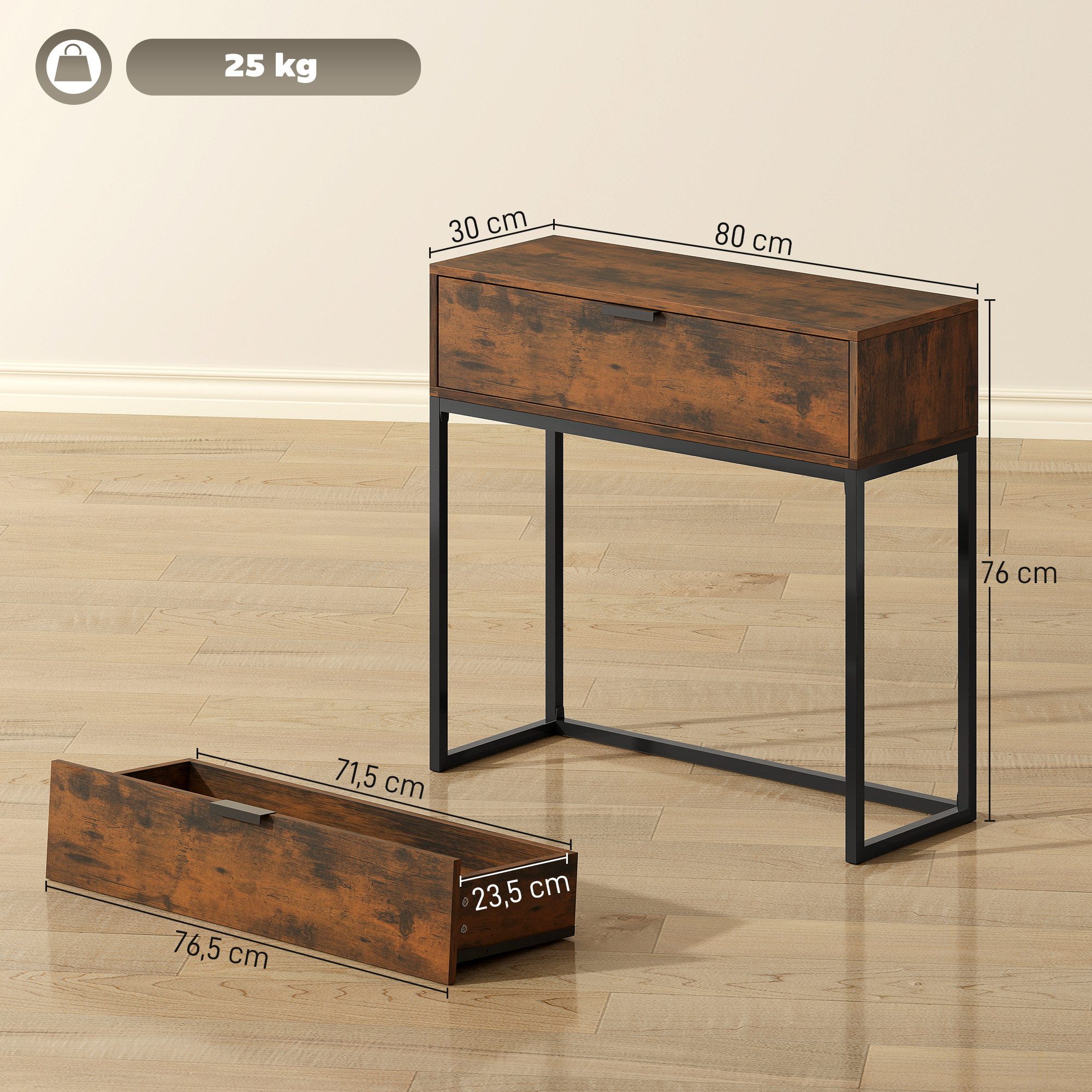 HOMCOM Konsolentisch Flurtisch mit Schrank, Beistelltisch im Modern-Design (Beistelltisch, 1-St., Flurtisch), für Flur, Wohnzimmer, 80 x 30 x 76 cm, Rustikal-Braun
