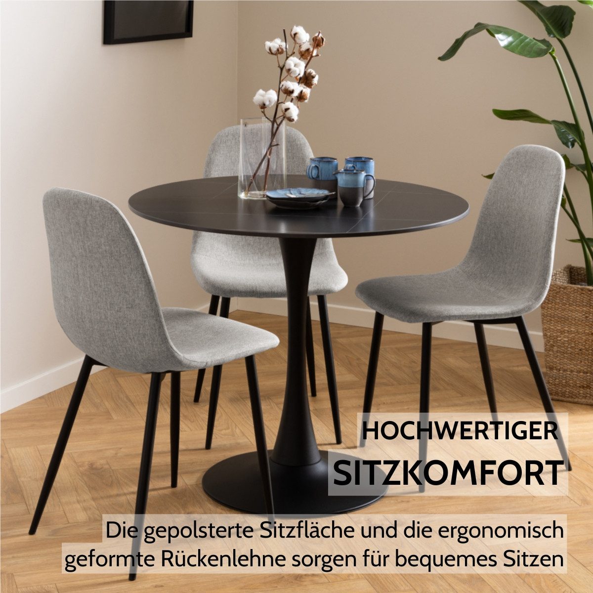 Liadomo Esszimmerstuhl Andre, Küchenstuhl, Stühle, Stuhl für Esszimmer, Stuhlbeine schwarz (4er Set), Stoffbezug in Beige, Dunkelgrau, Hellgrau oder Schwarz, ergonomisch