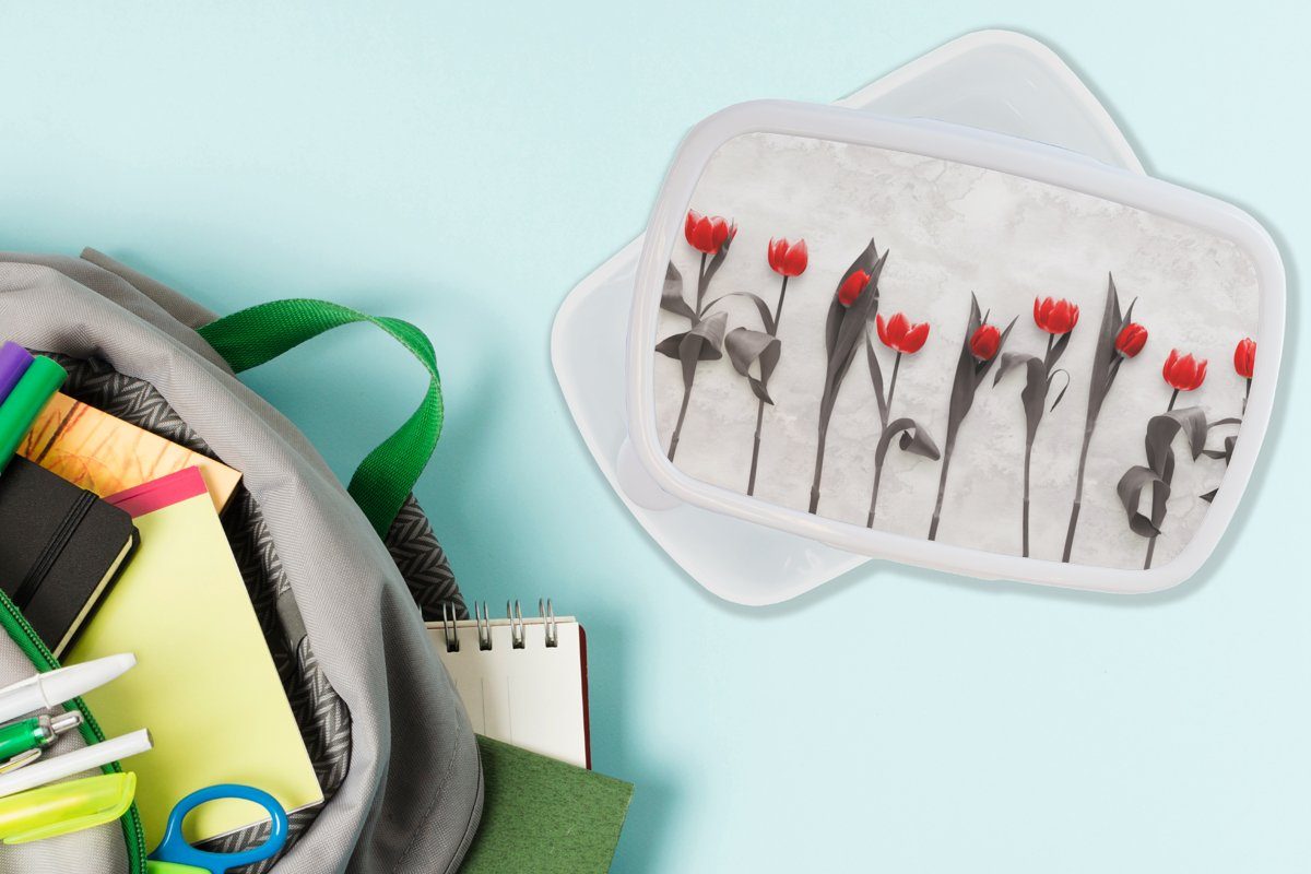 Erwachsene, (2-tlg), Kinder und - - Lunchbox und Jungs Marmor, weiß Brotdose, Mädchen Tulpen Brotbox Kunststoff, für Blumen für MuchoWow