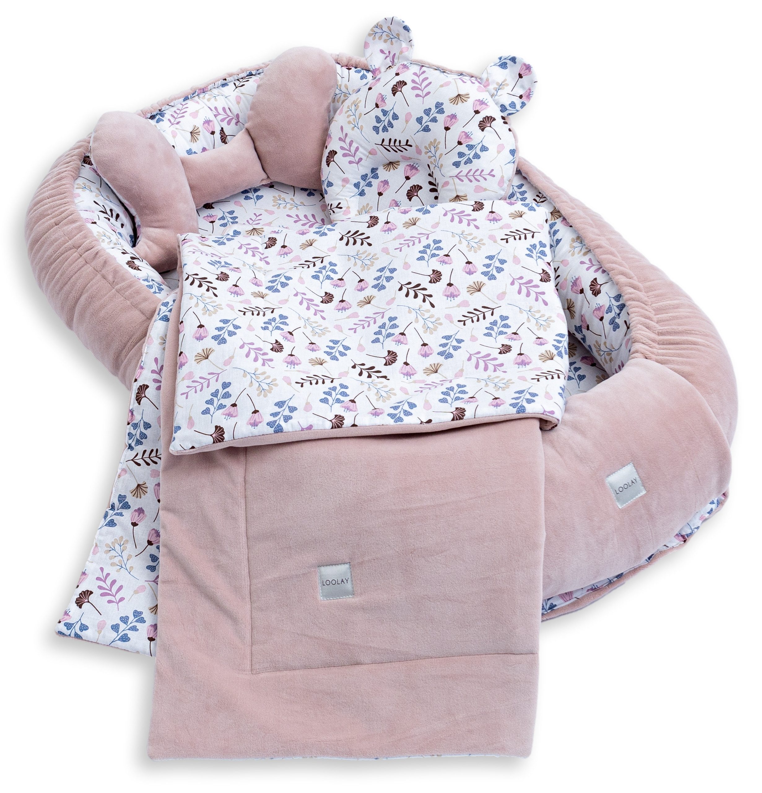 Loolay Kuschelnest BABYNEST 5 TLG. Set PREMIUM Babyausstattung Baumwolle & Samt Velours, (MUSTER: ROSA Samt Velour/ Blumen Rosa, 5-tlg., Liebevoll handgefertigt Nestchen! Geborgenheit Komfort für Neugeborene), Premium Ausstattung - 100% Europäische Stoffe und Kleinserien-Nähen!