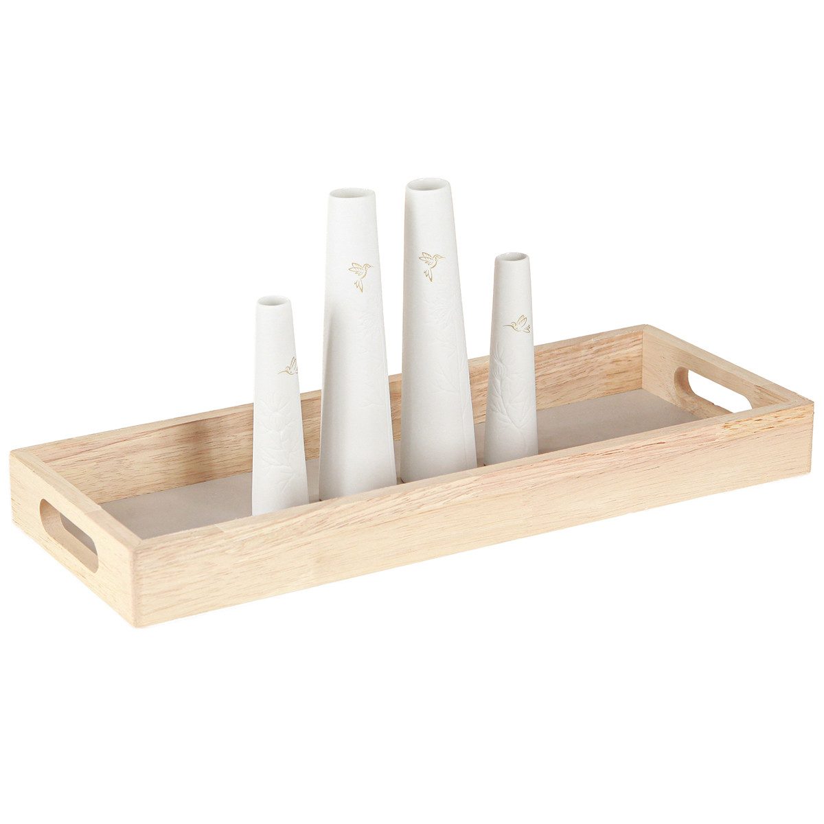 Florists Products Dekokorb Deko Tablett Holz Minivasen Keramik Weiß Gold Set