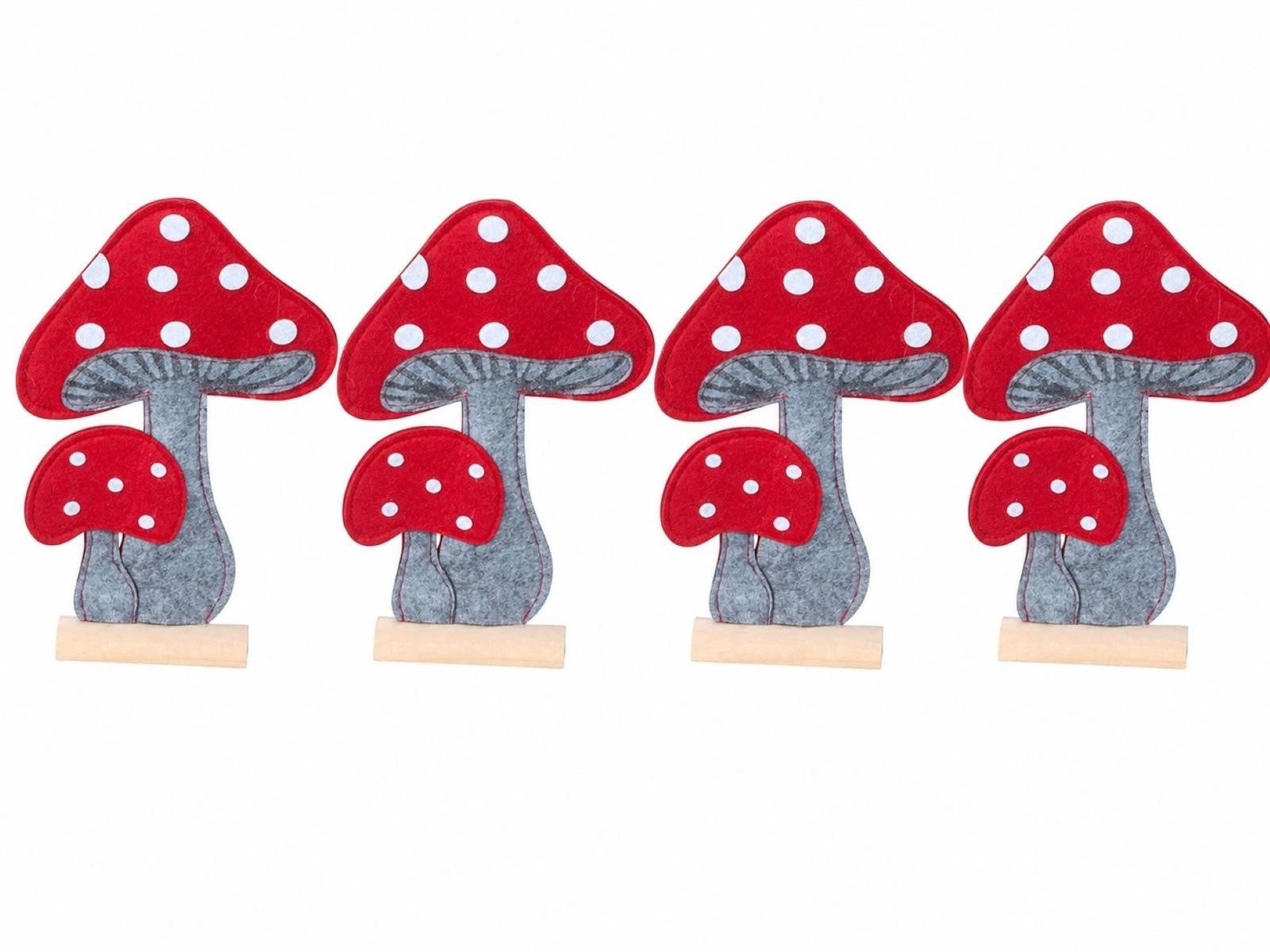 Geschenkestadl Dekoobjekt Fliegenpilz Holzaufsteller 4er Set Filz Herbst Deko Waldzauber 23,5cm (Spar-Set, 4 St., 4er Set), Pilze aus Filz mit einem Holzfuß