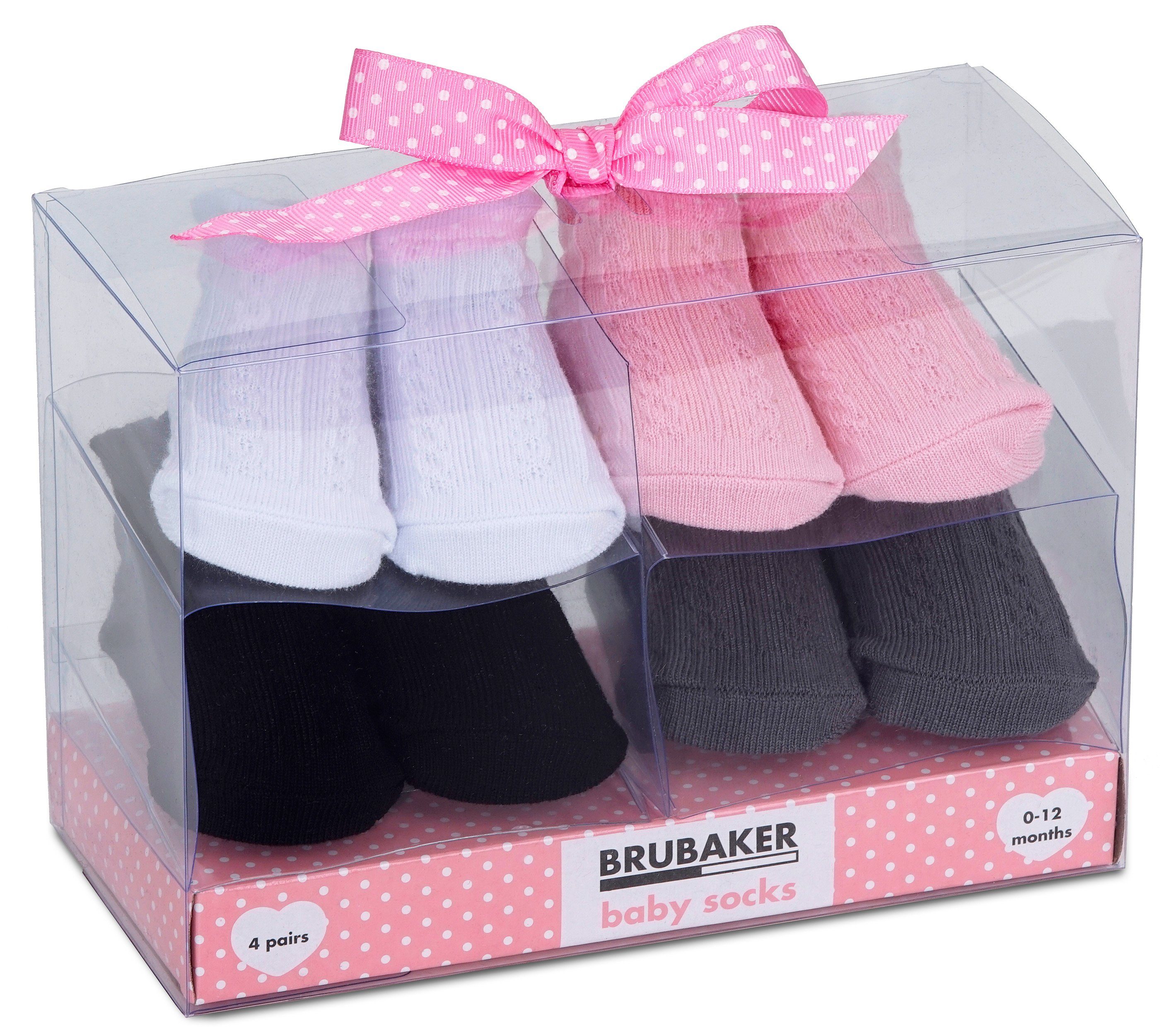 BRUBAKER Socken Babysocken für Mädchen 0-12 Monate (4-Paar, Baumwollsocken mit Zopfmuster) Baby Geschenkset für Neugeborene in Geschenkverpackung mit Schleife