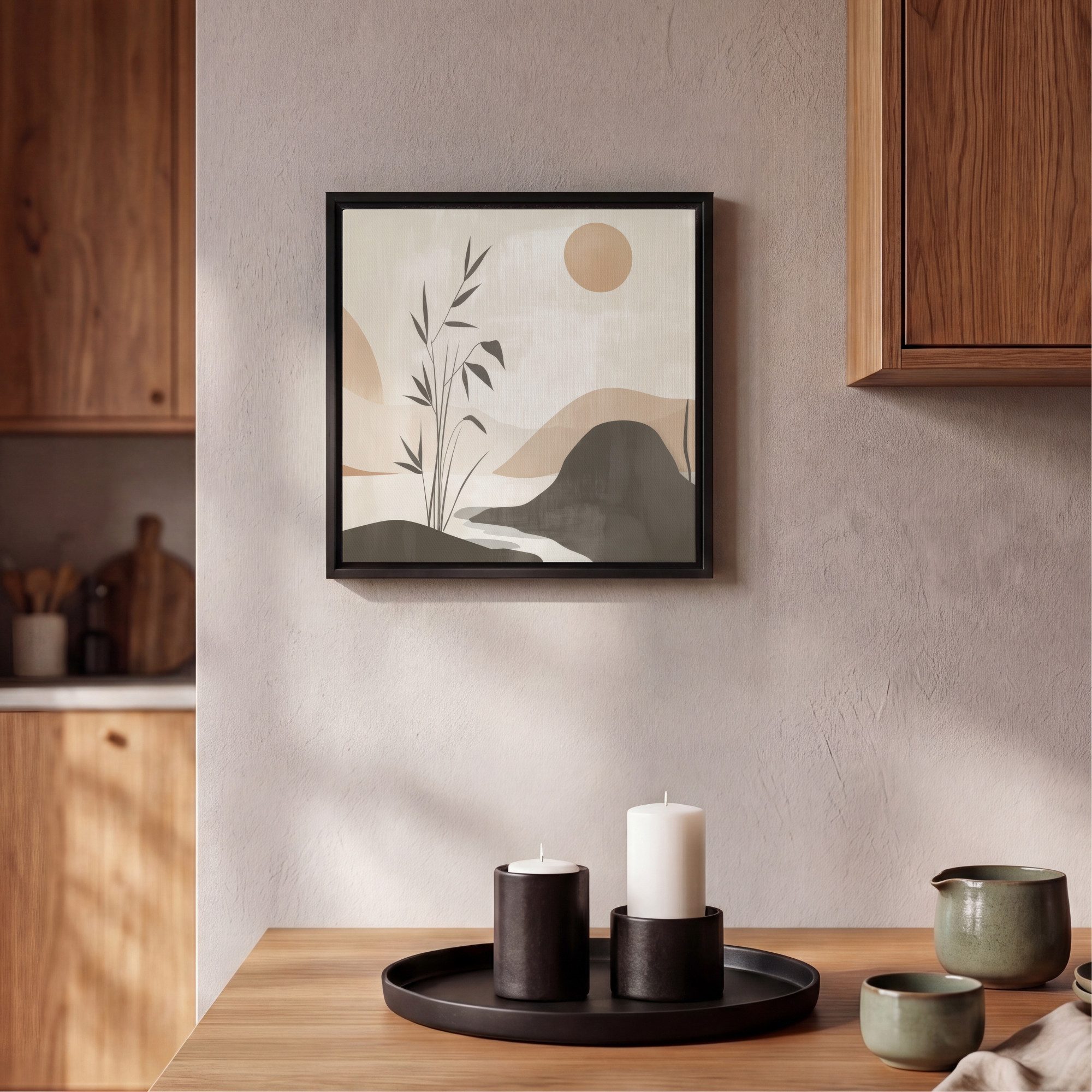 OneMillionCanvasses® Leinwandbild mit Rahmen - Japandi - Landschaft - Beige, Fotodruck (1 St), Leinwand Bilder Klein, Wand Dekoration Aesthetic 20x20cm – Bild 2 von 5