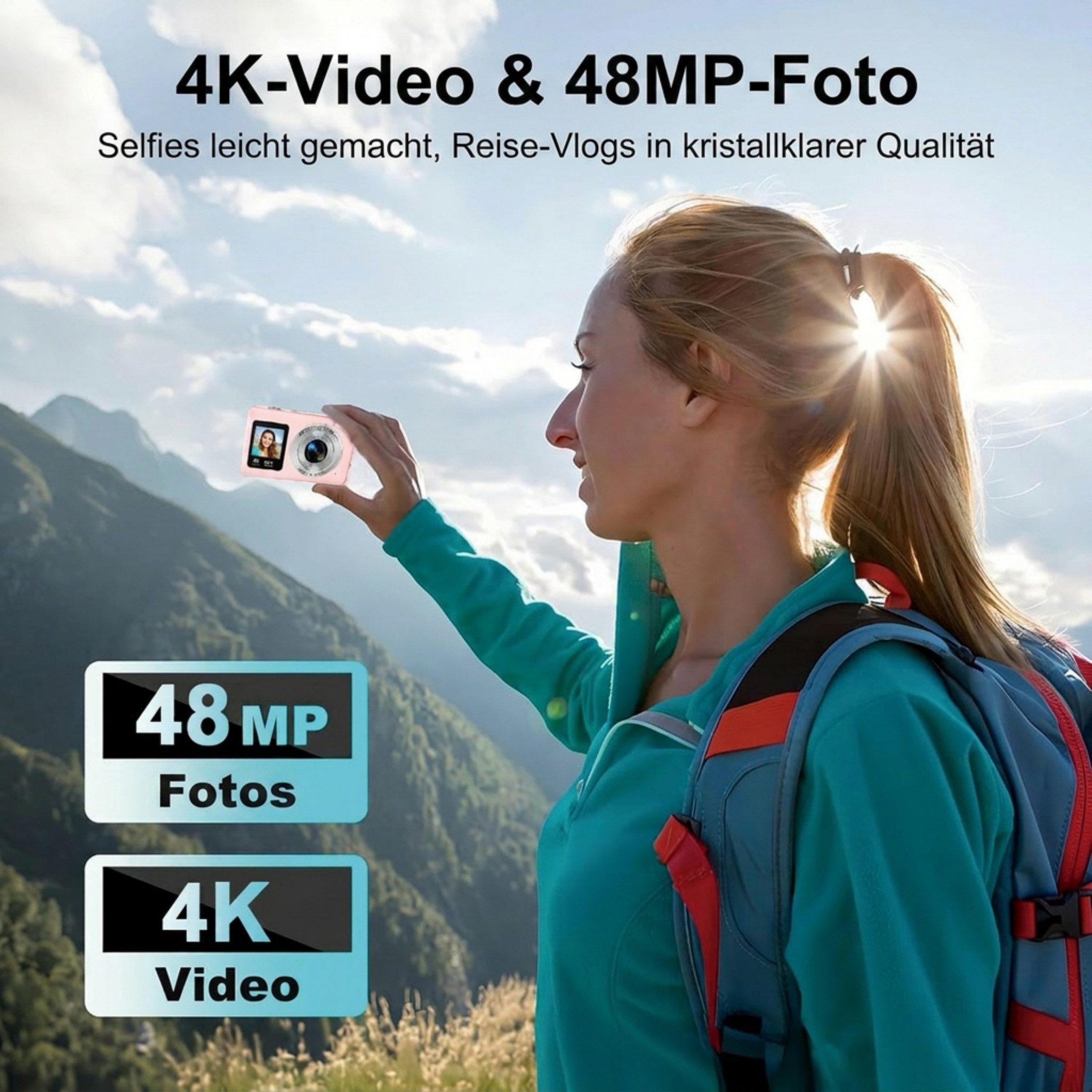 Blossom Kompaktkamera 18x Zoom 4K 1080p Vlog Kamera Reisekamera Selfie Kamera Vollformat-Digitalkamera (48 MP, 18x opt. Zoom, inkl. Filtereffekten, Autofokus Dual Display Reisekamera für Urlaub Alltag Type-C)