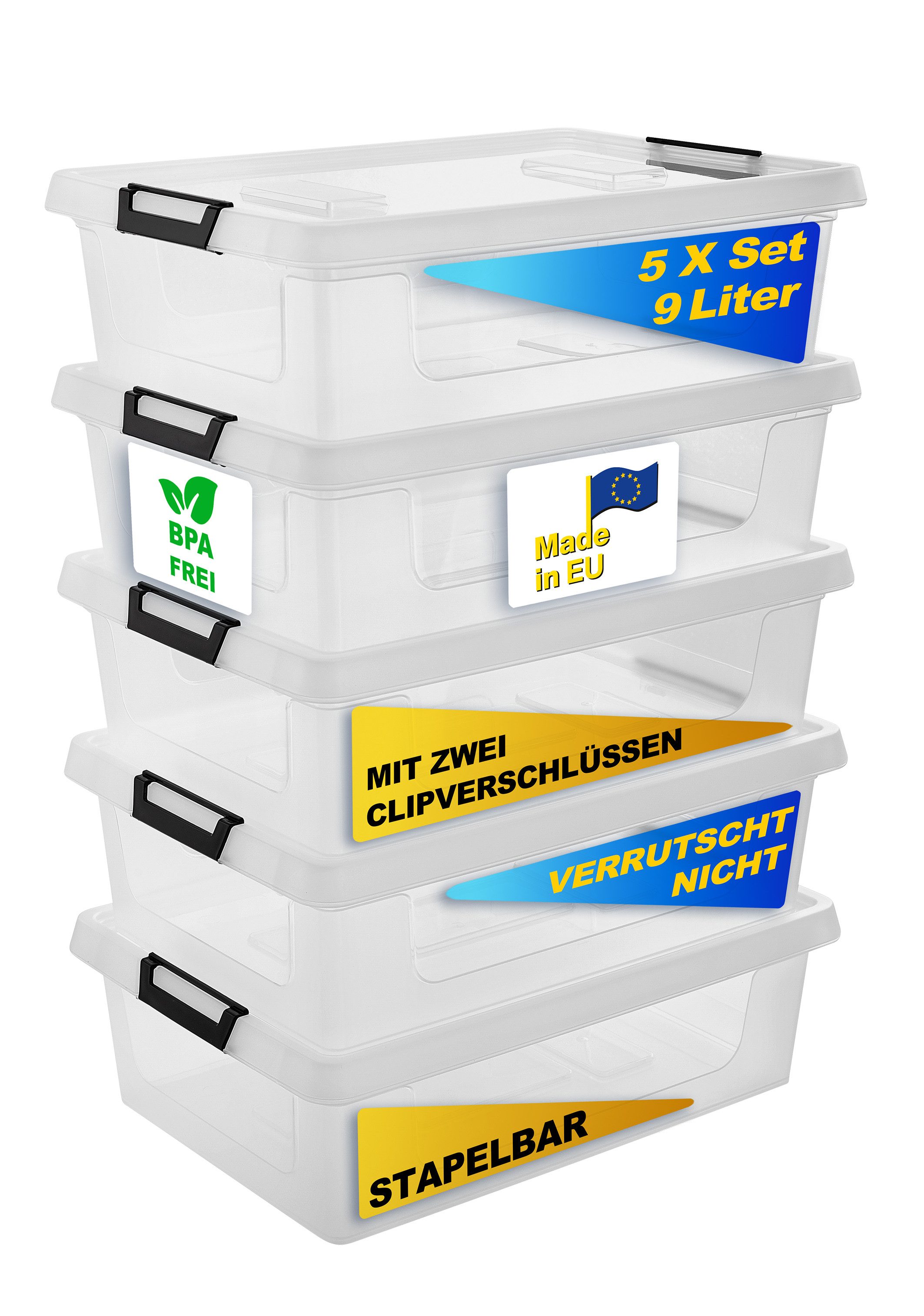 Aufbewahrungsbox 5 er Set mit Deckel "Clip" 9 Liter Kunststoff Boxen Stapelboxen