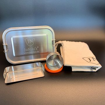 JN JuNiki´s Lunchbox Premium-Einschulungs-Set aus Edelstahl, Hochwertiges 18/8 Edelstahl, (8-tlg), Lunchbox und einzigartige isolierte Trinkflasche mit Double Neck® Deckel, auslaufsicher auch bei Kohlensäure - Im Set zum Vorteilspreis